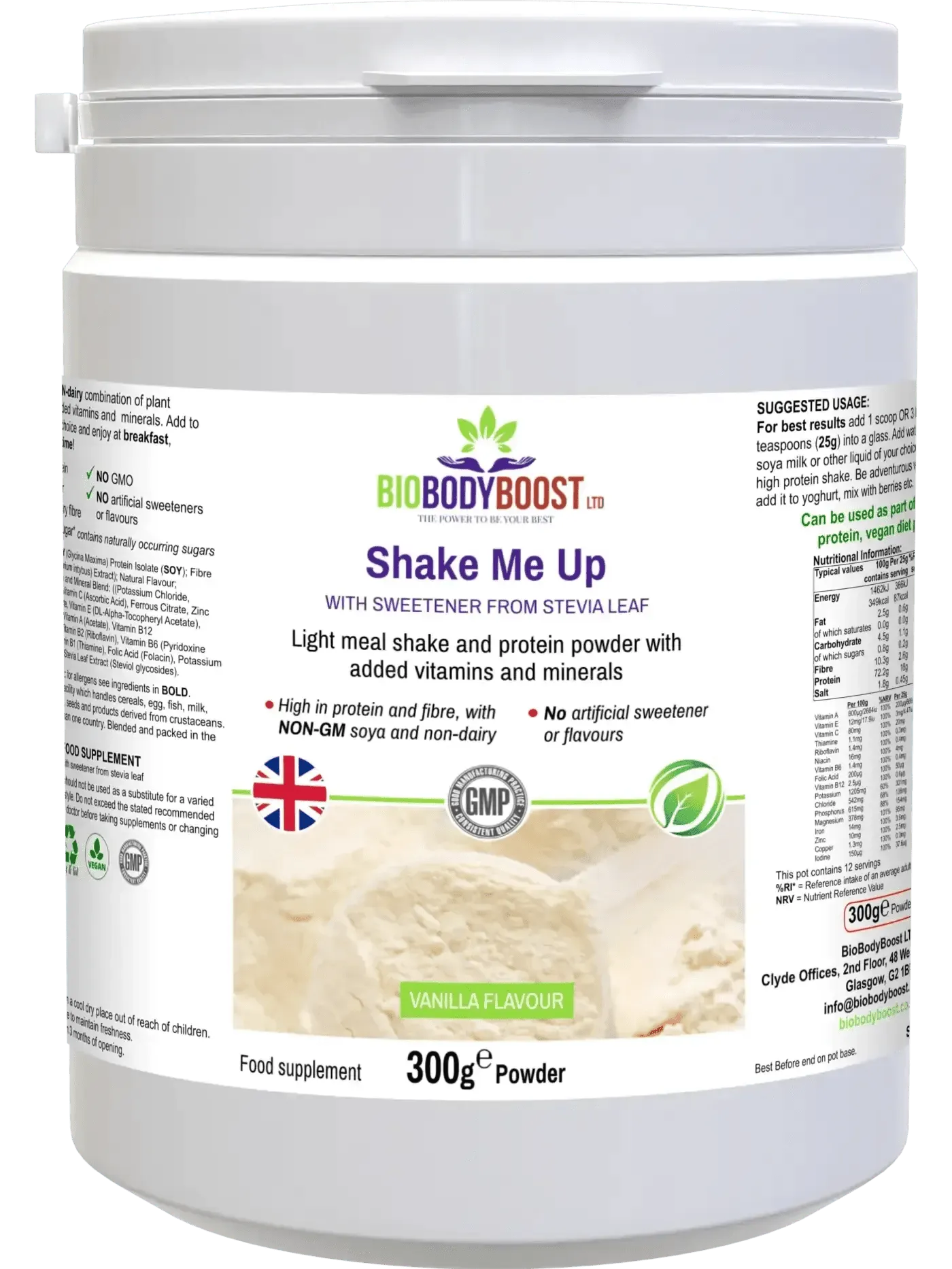 BioBodyBoost Vanilla - Vegan Meal Shake in a 300g container with added vitamins and minerals