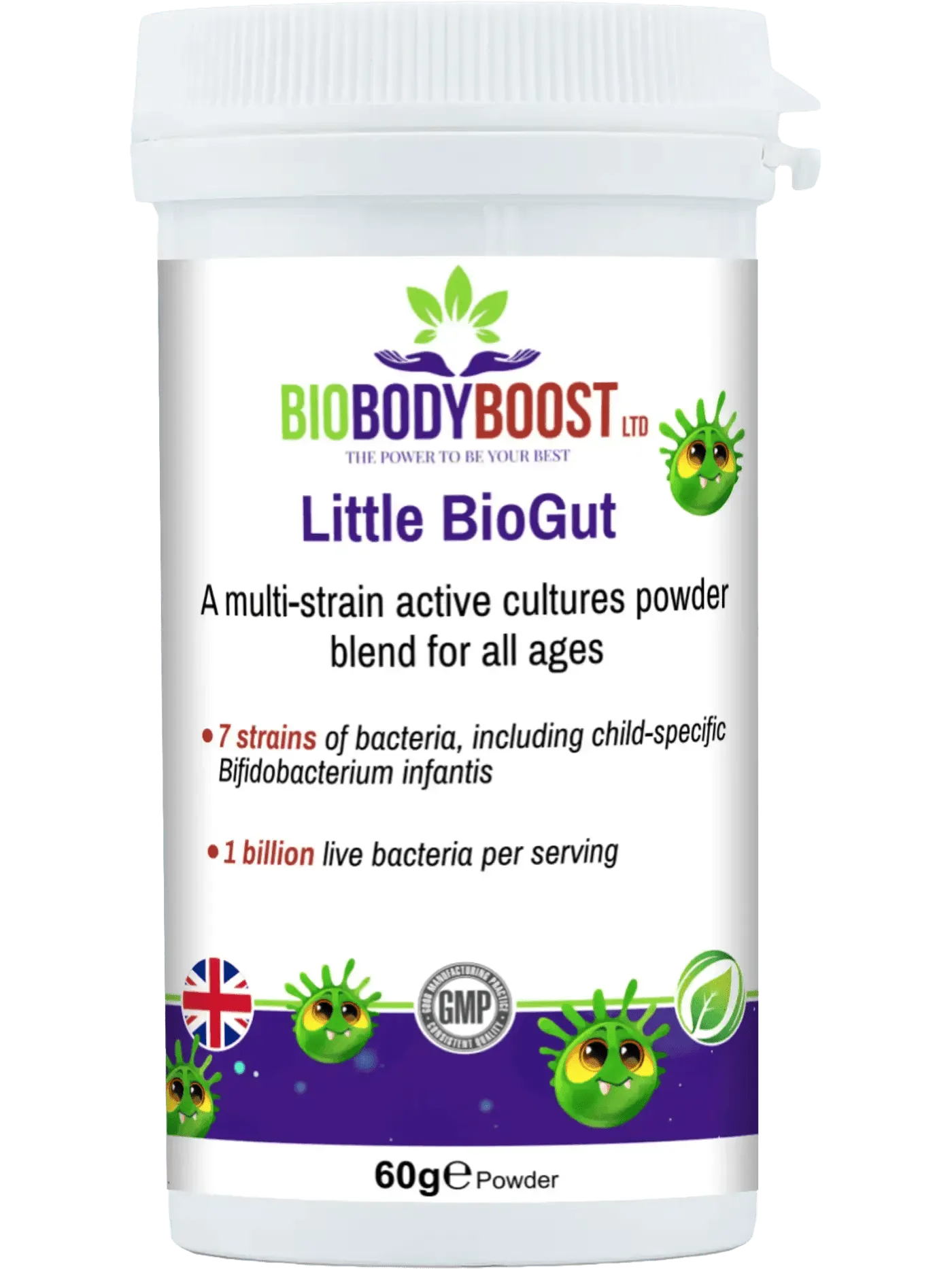 BioBodyBoost Little BioGut Digestive Powder with Vegan Kids Probiotics for all ages