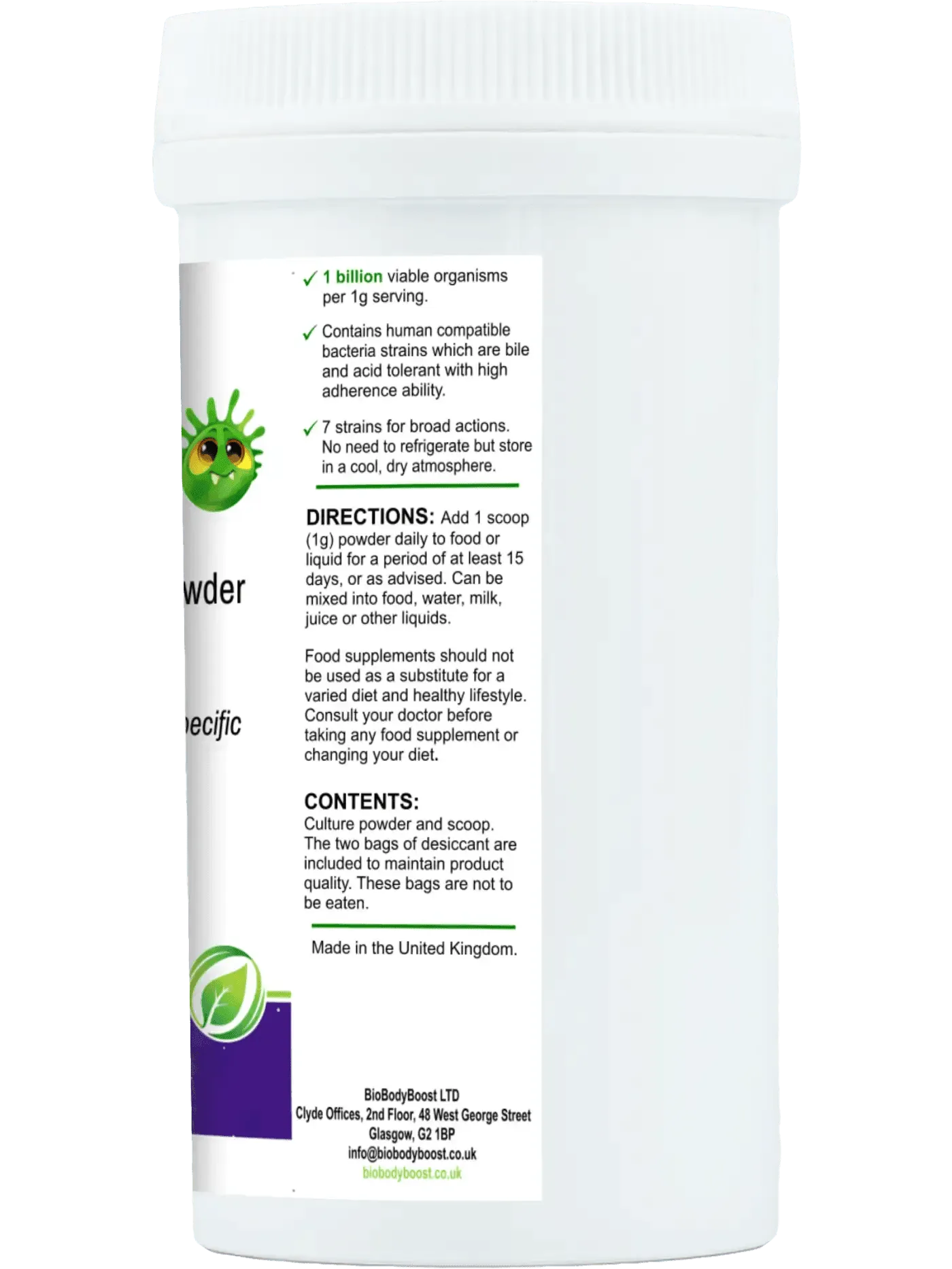 BioBodyBoost Vegan Kids Probiotics Powder with 1 billion viable organisms per serving