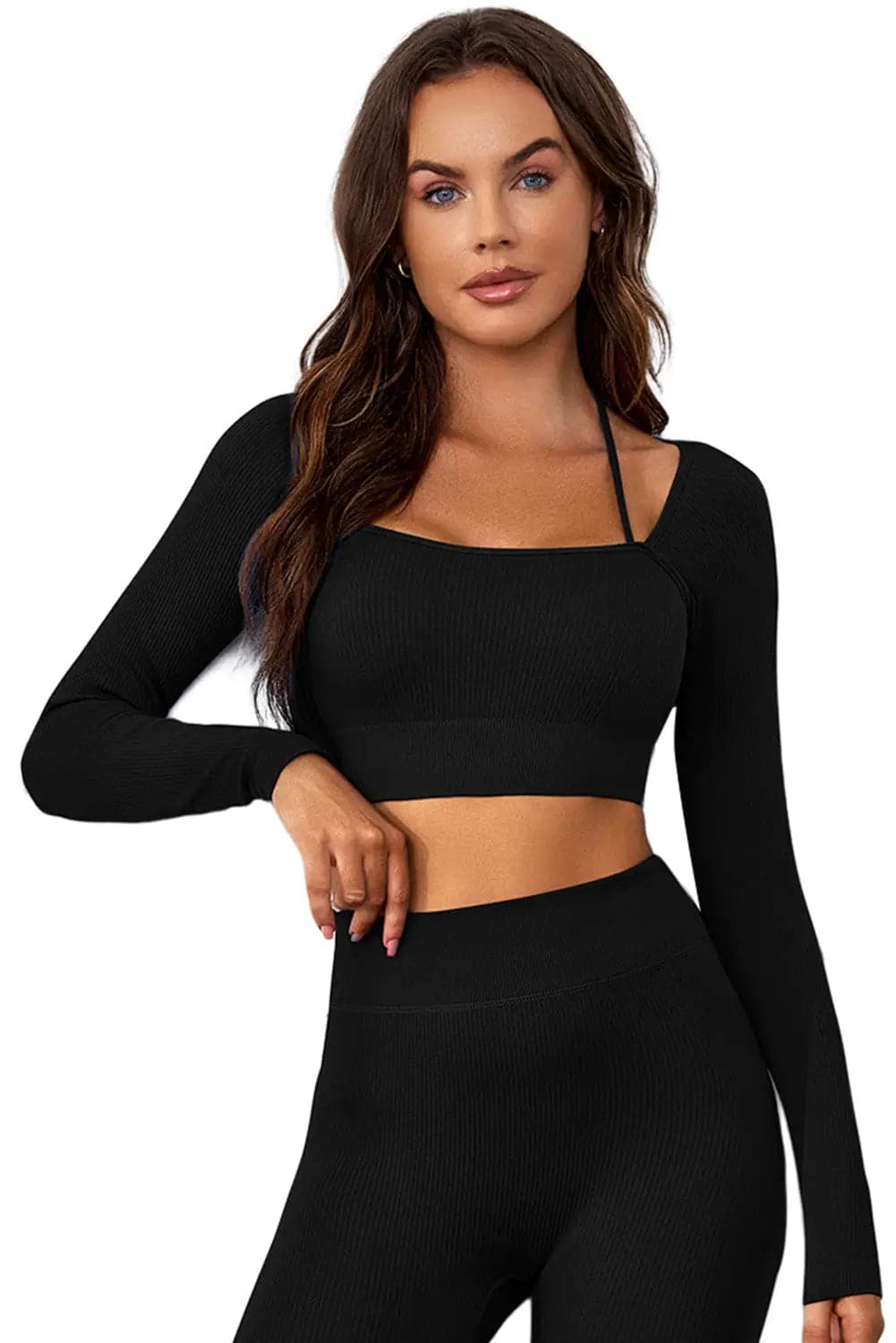 Black Ribbed Long Sleeve Cropped Yoga Top - Activewear