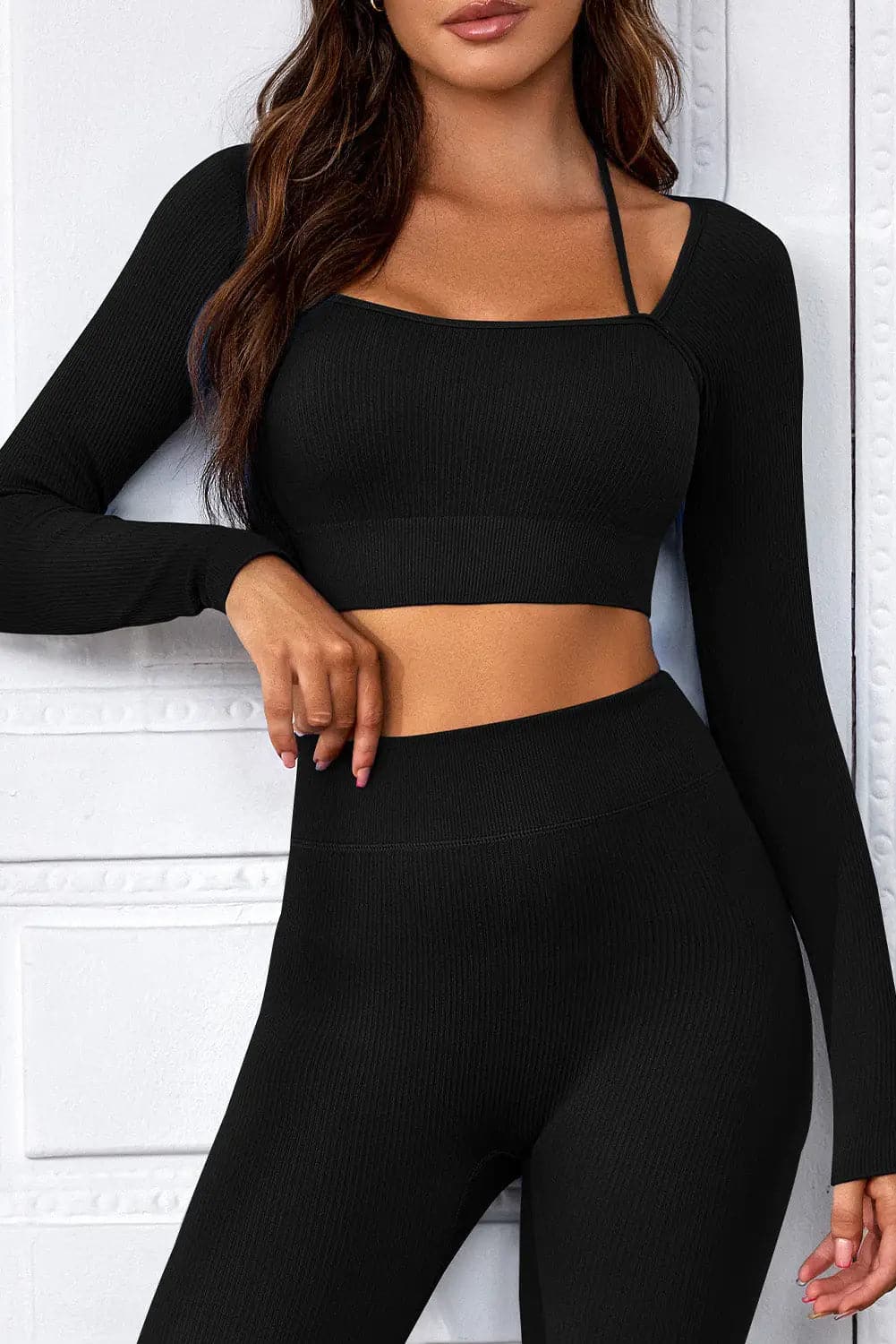 Black Ribbed Long Sleeve Cropped Yoga Top - Activewear