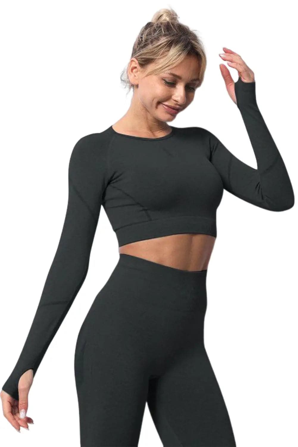 Black Solid Color Long Sleeve Yoga Crop Top - Activewear