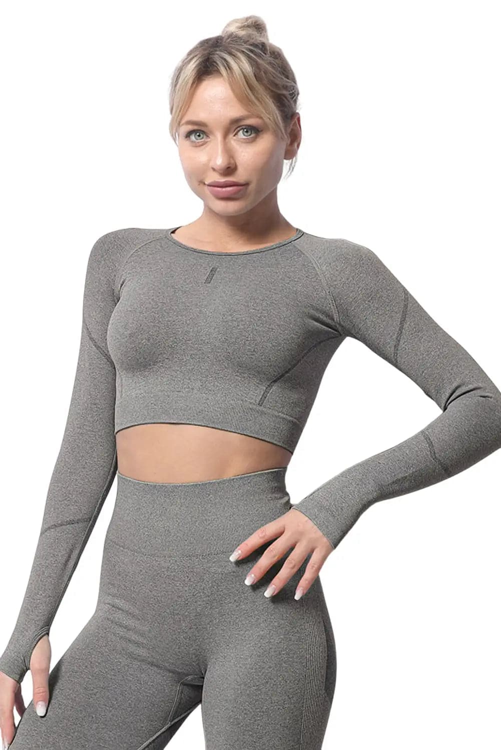 Black Solid Color Long Sleeve Yoga Crop Top - Activewear