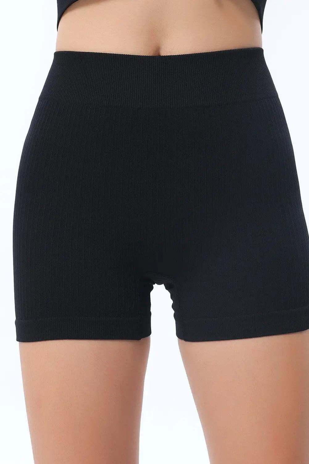Black Textured Butt Lifting High Waist Yoga Shorts - Activewear