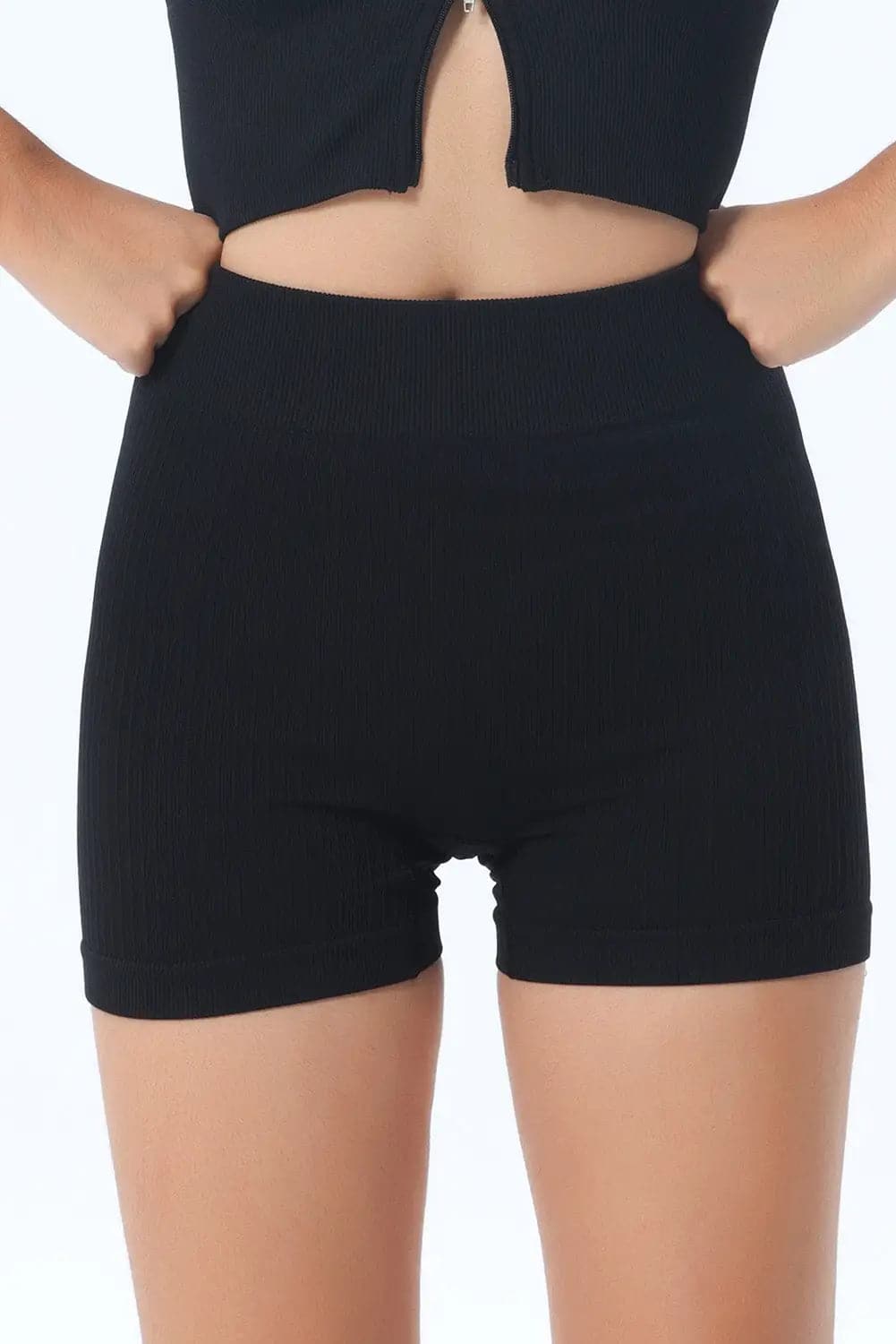 Black Textured Butt Lifting High Waist Yoga Shorts - Activewear