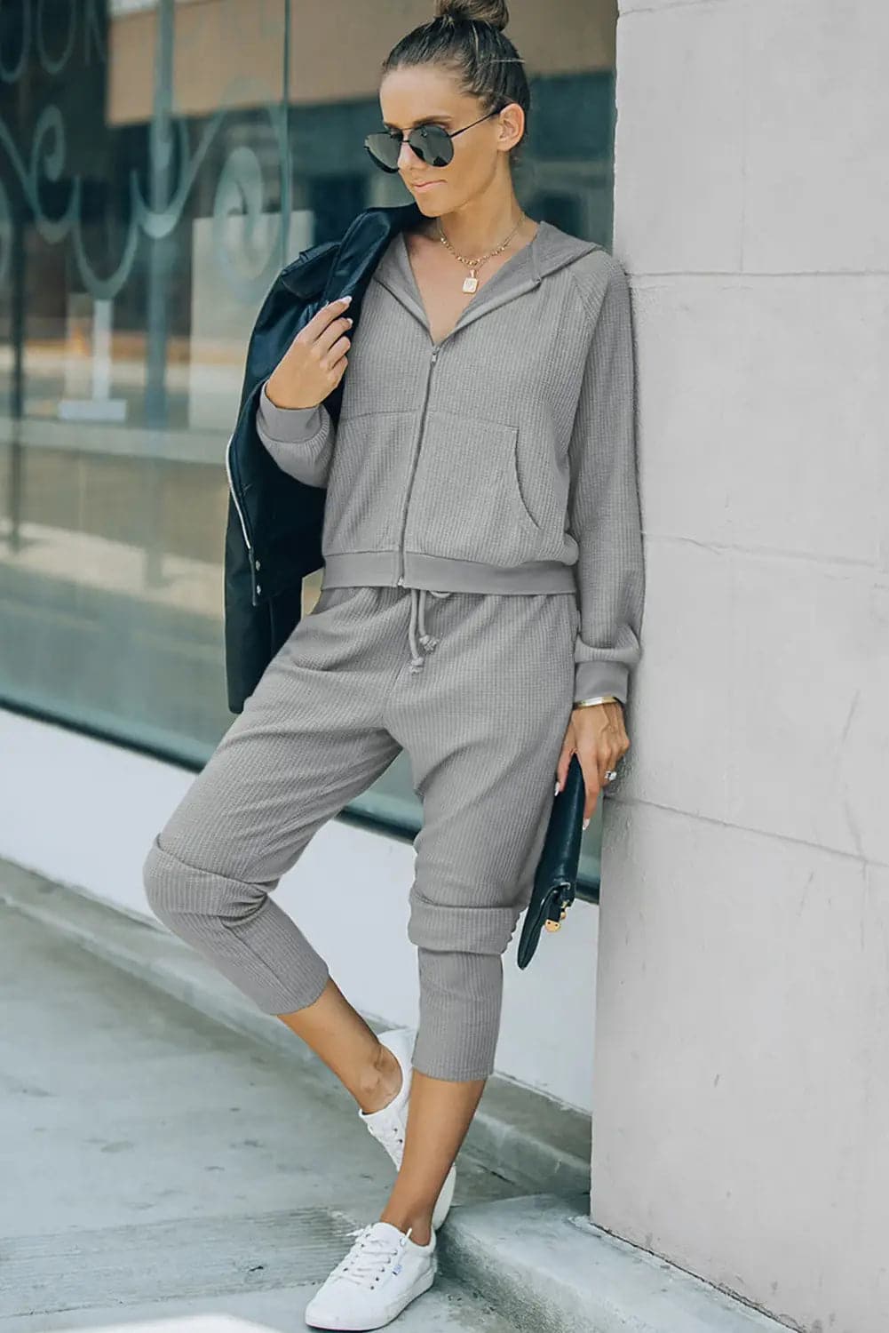 Brown Waffle Knit Zip - Up Hoodie and Pants Athleisure Outfit - Activewear