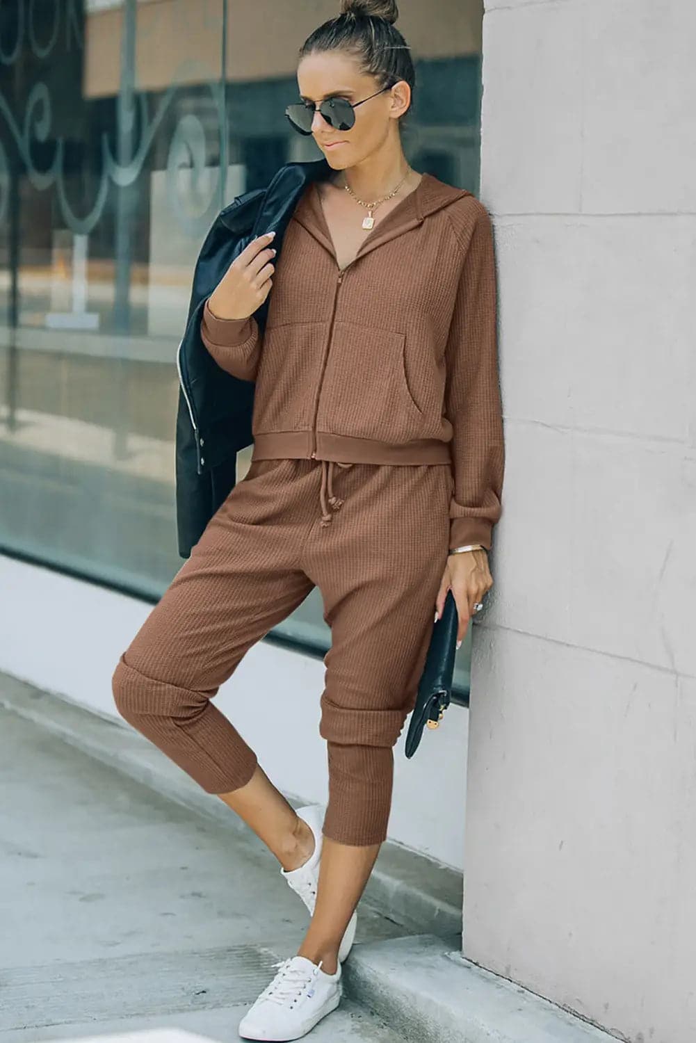 Brown Waffle Knit Zip - Up Hoodie and Pants Athleisure Outfit - Activewear
