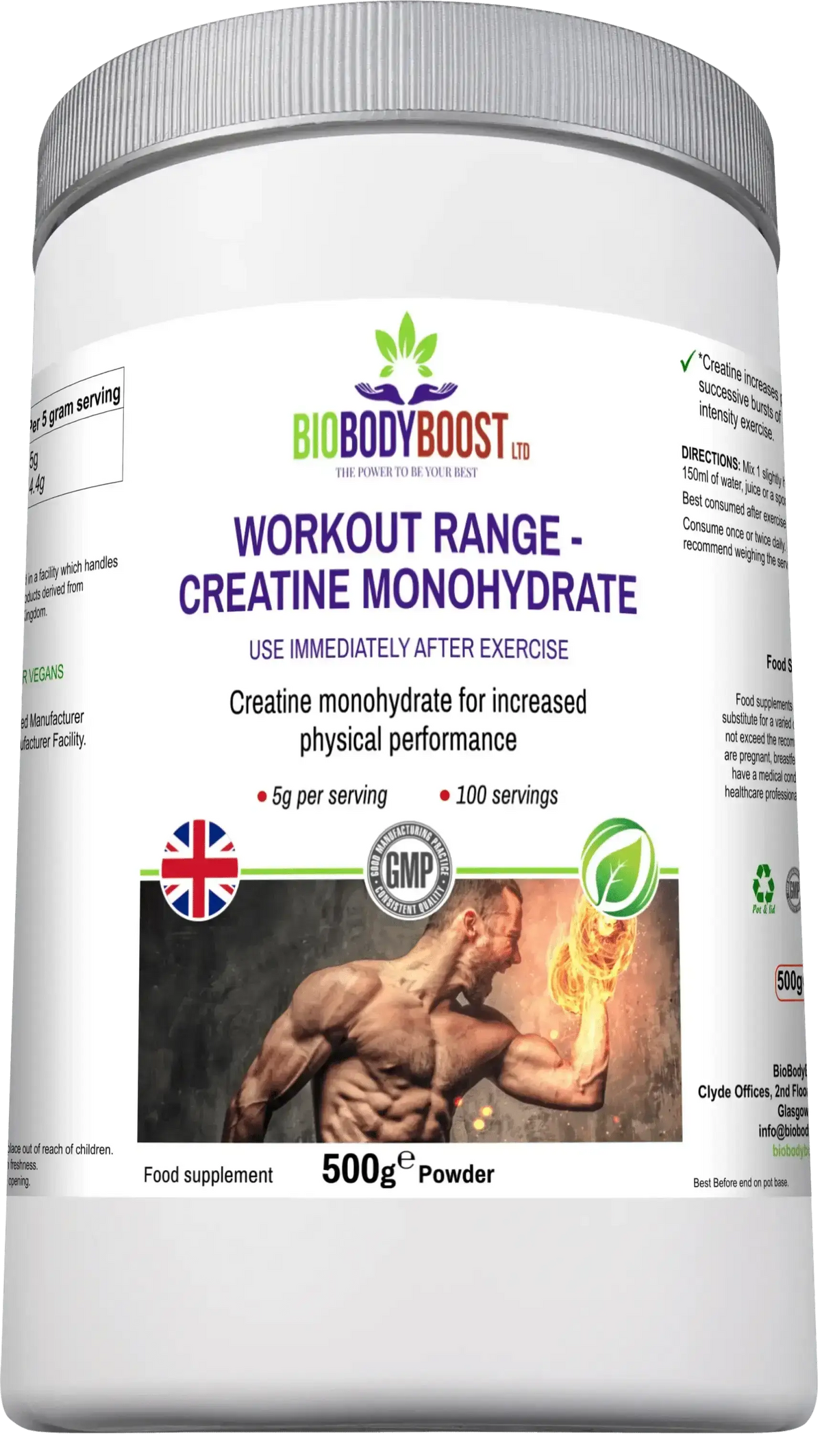 500g BioBodyBoost Creatine Monohydrate supplement with 5g per serving, supports muscle performance and post-exercise recovery.