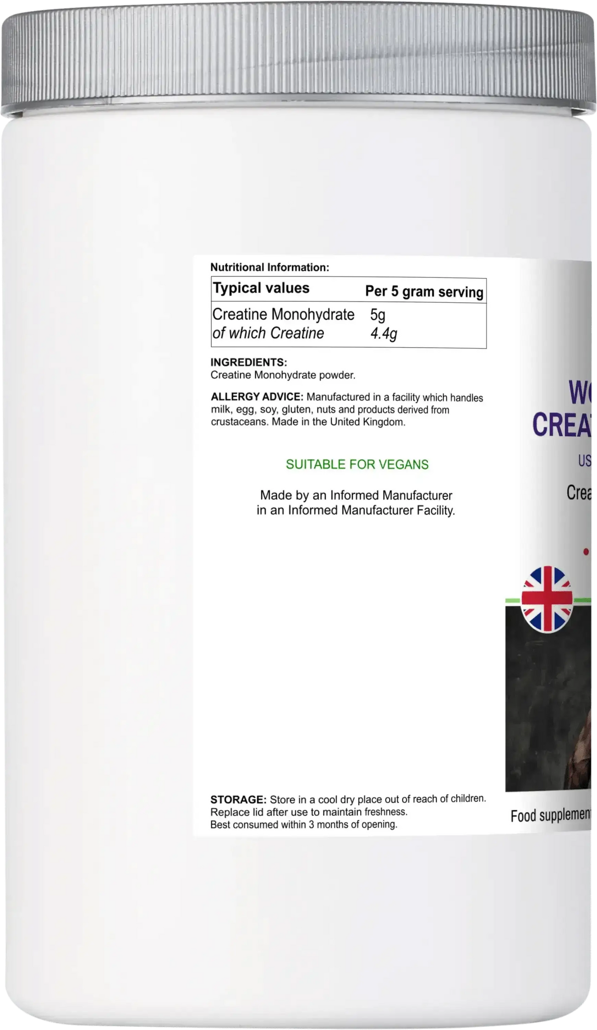 Side label of BioBodyBoost Creatine Monohydrate showing nutritional info and vegan-friendly ingredients for fitness and muscle support.
