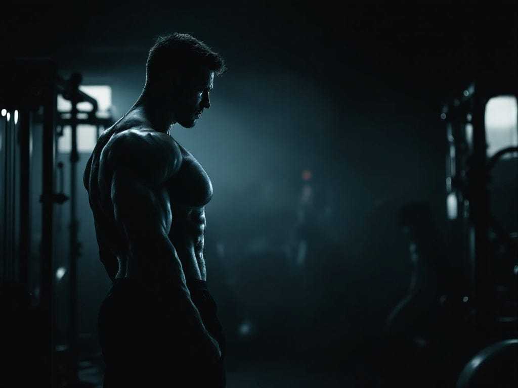 Muscular silhouette of a person in a dark gym setting
