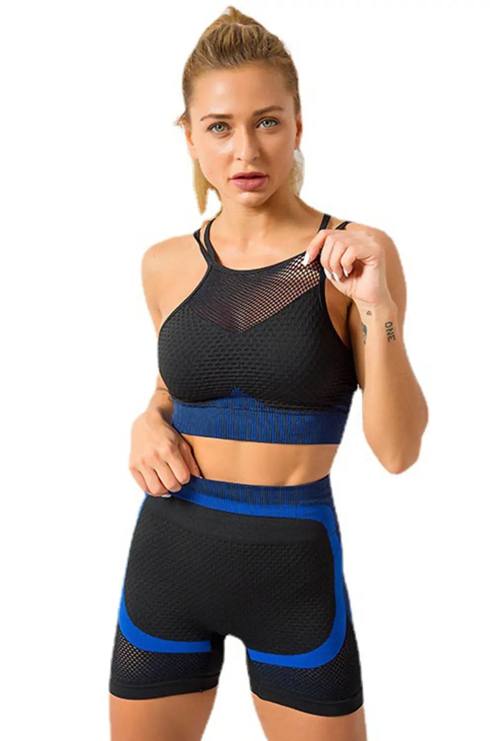 Sky Blue Breathable Mesh Gym Crop Top & Shorts Sports Set - Activewear