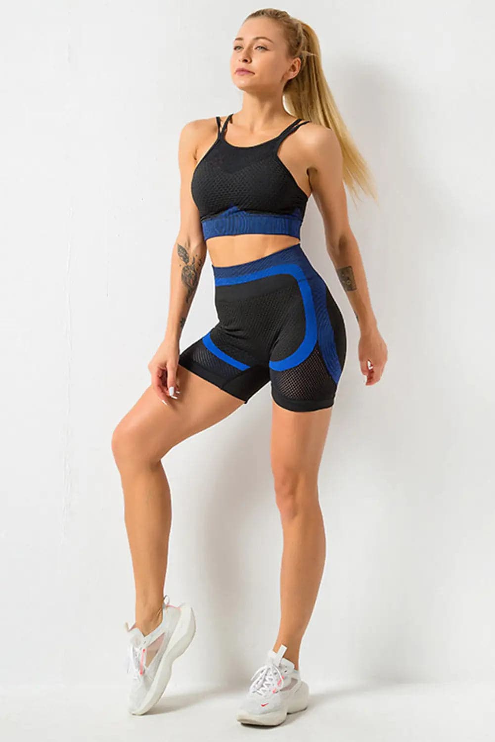 Sky Blue Breathable Mesh Gym Crop Top & Shorts Sports Set - Activewear
