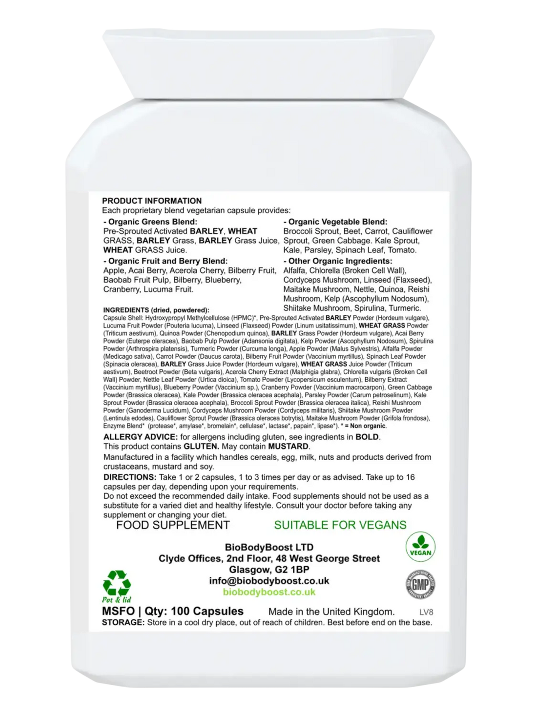 SuperBio Capsules Vegan Organic Foods Blend - Vitamins & Supplements wheat grass barley