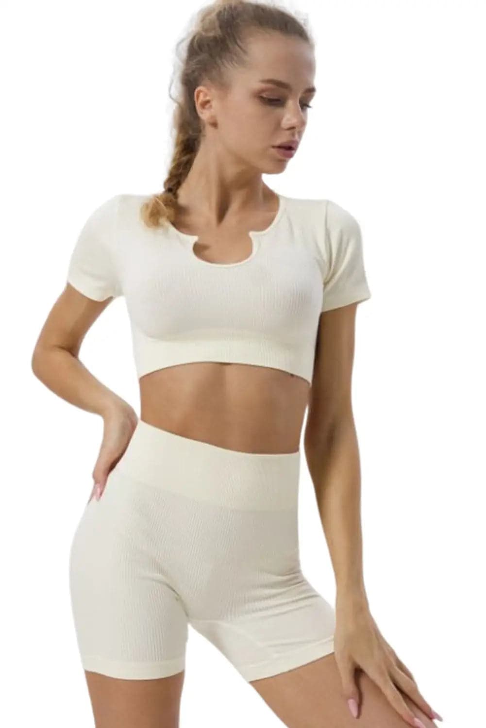 White Ribbed Short Sleeve Cropped Active Top - Activewear
