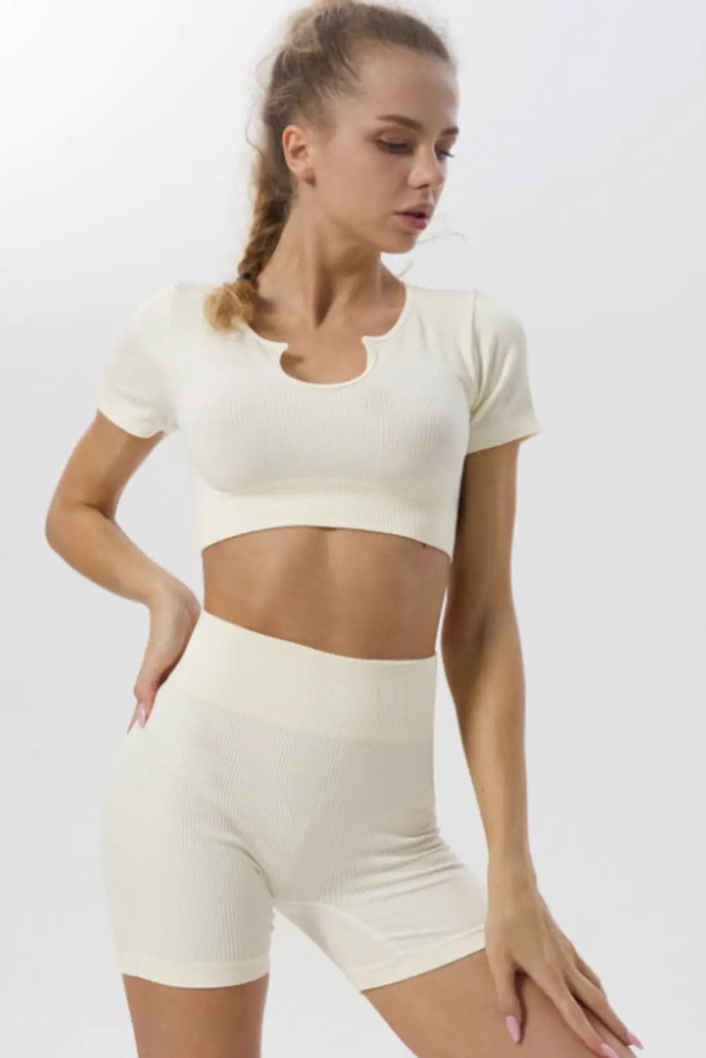 White Ribbed Short Sleeve Cropped Active Top - Activewear