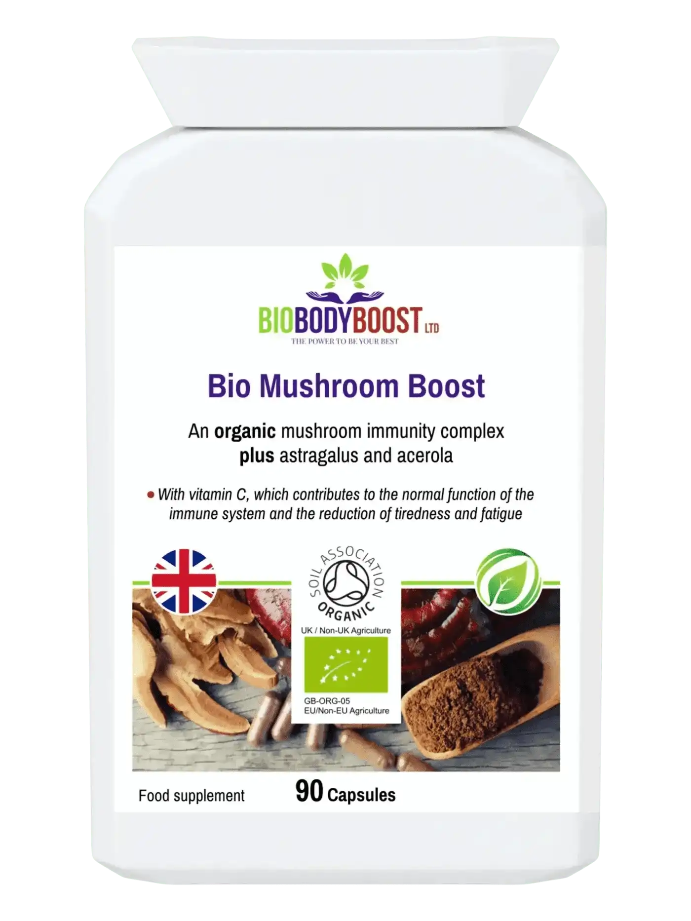Bio Mushroom Boost organic supplement bottle with 90 immunity-boosting capsules.