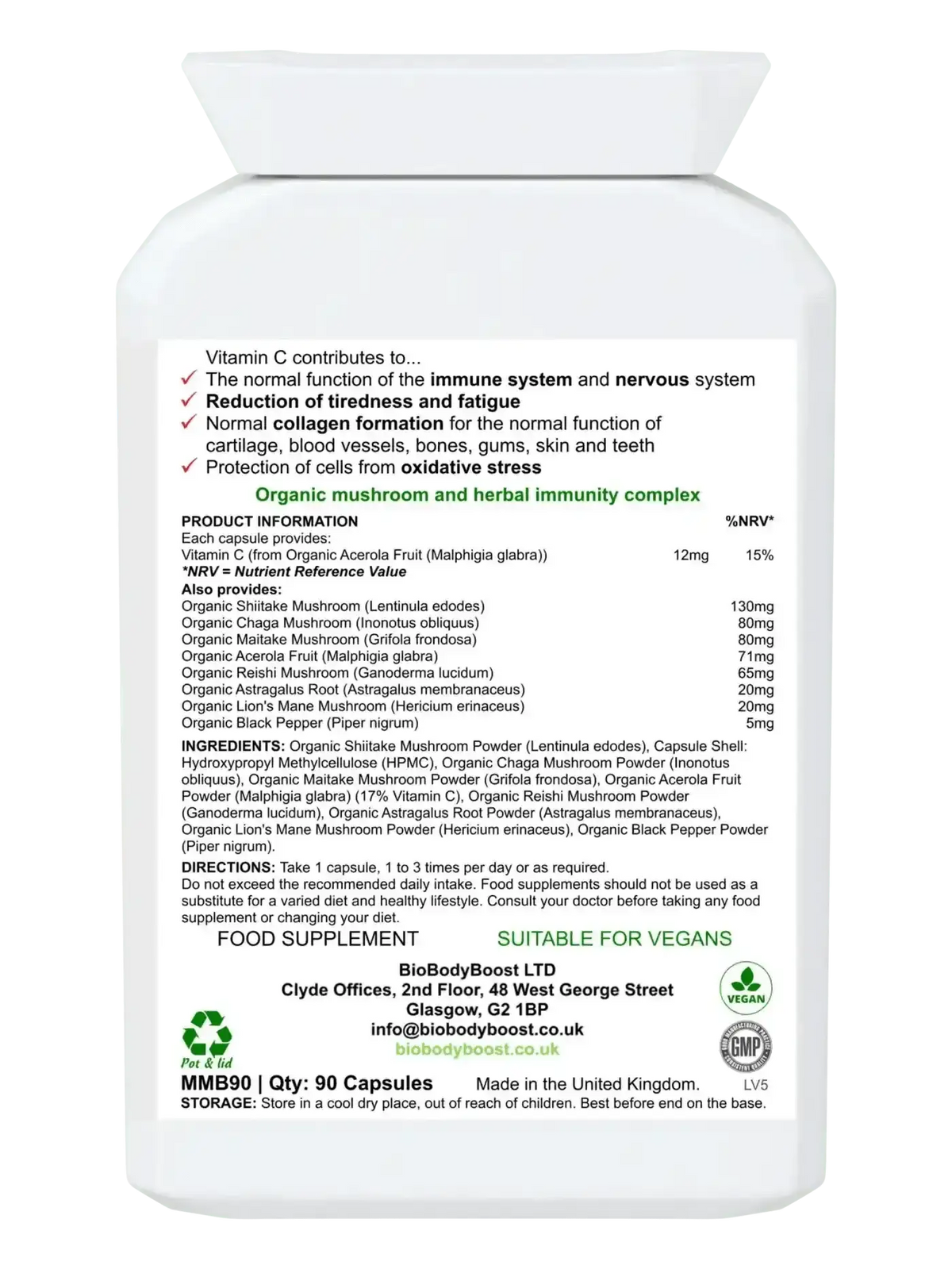 Bio Mushroom Boost lion's mane ingredient panel UK