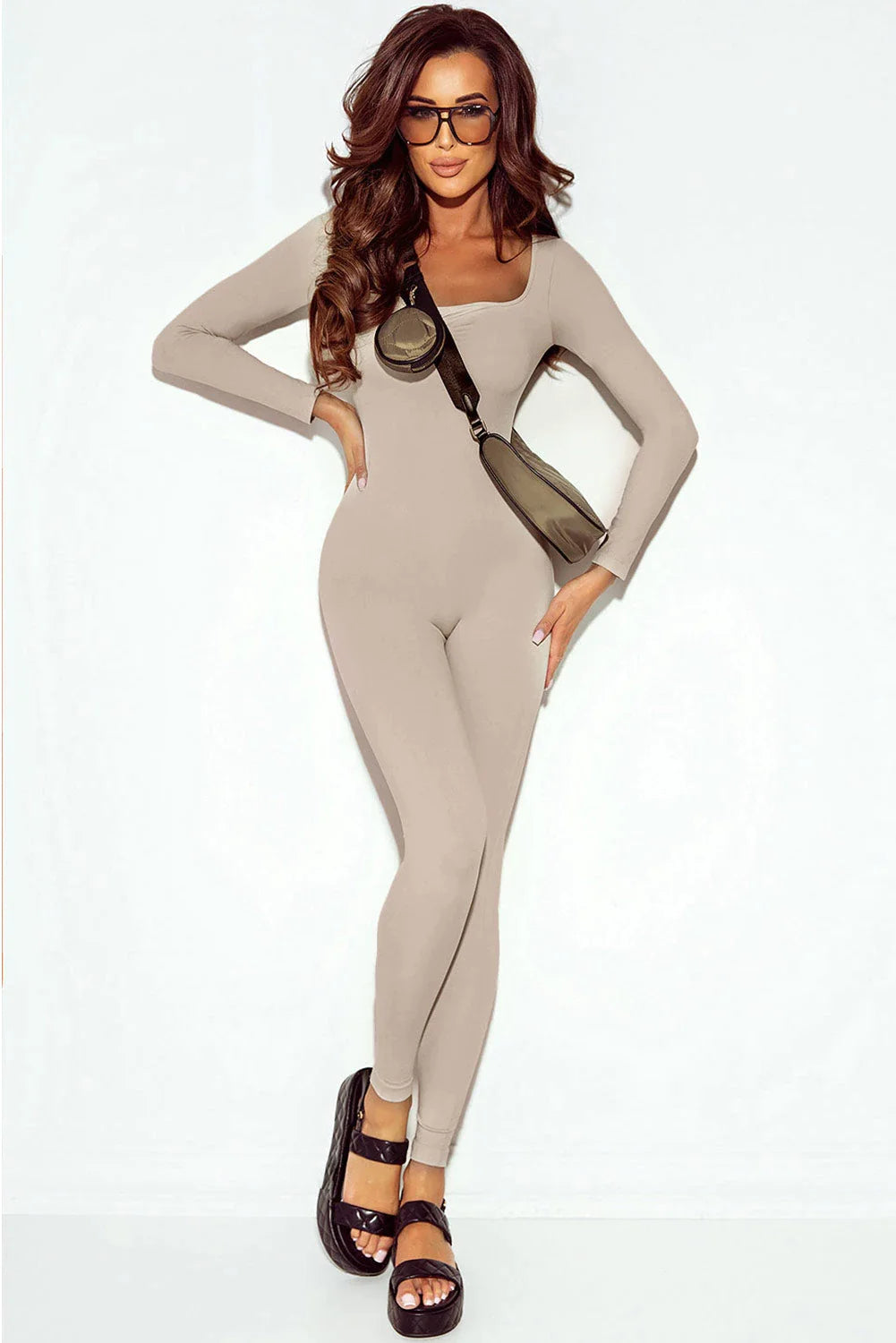 beige-ruched-square-neck-long-sleeve-sports-jumpsuit-activewear-