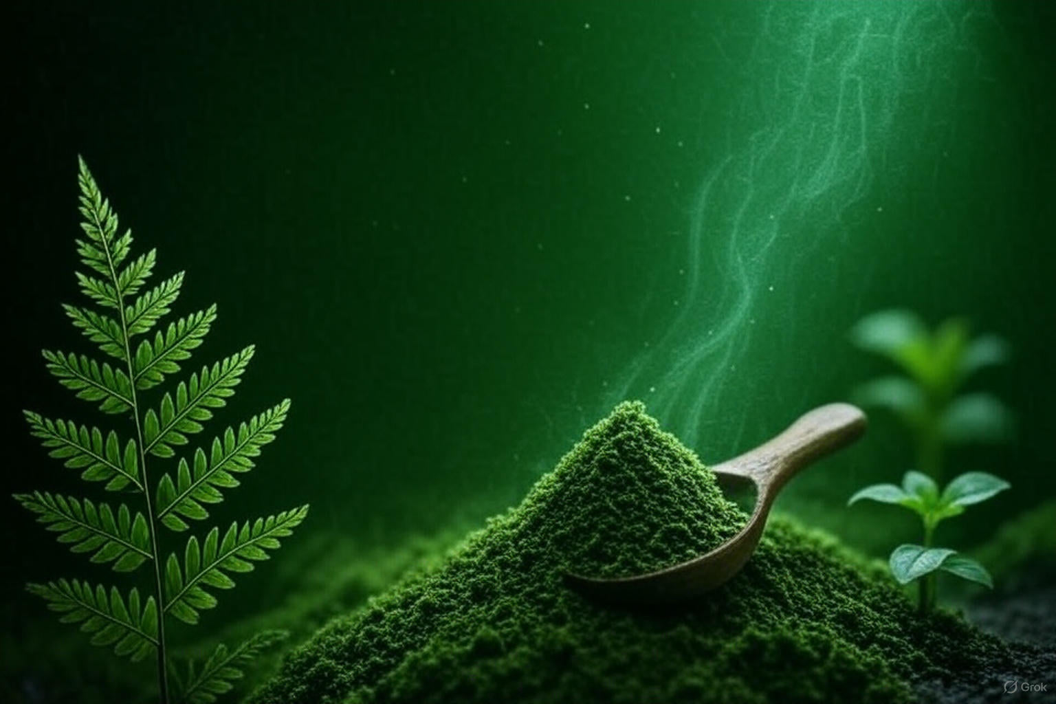 Vibrant green superfood powder in wooden spoon with fresh fern and plants, symbolizing natural plant-based ingredients