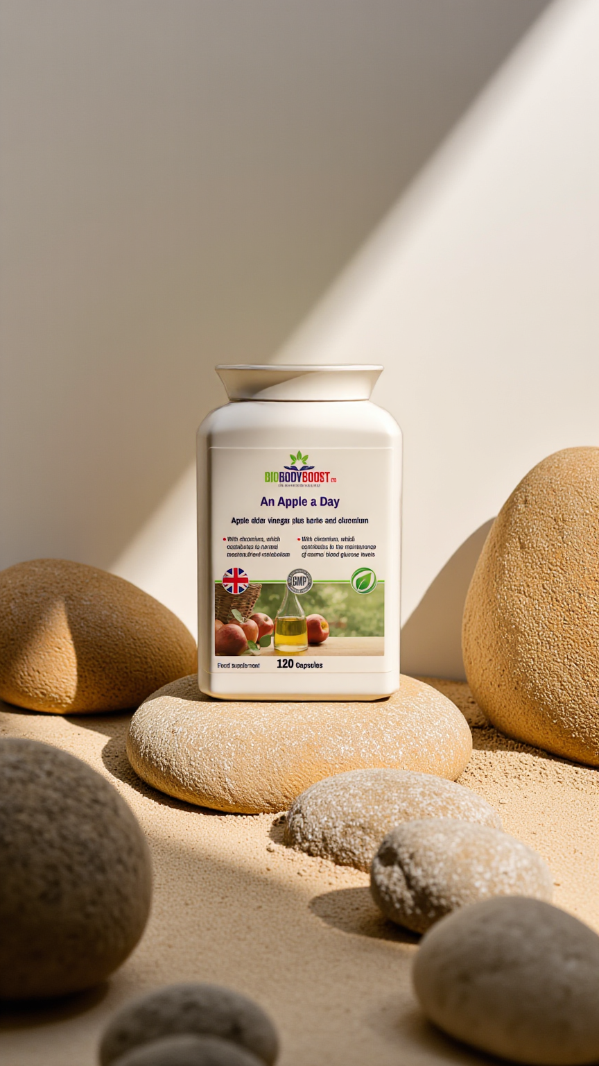 Supplement bottle on stones with a natural background