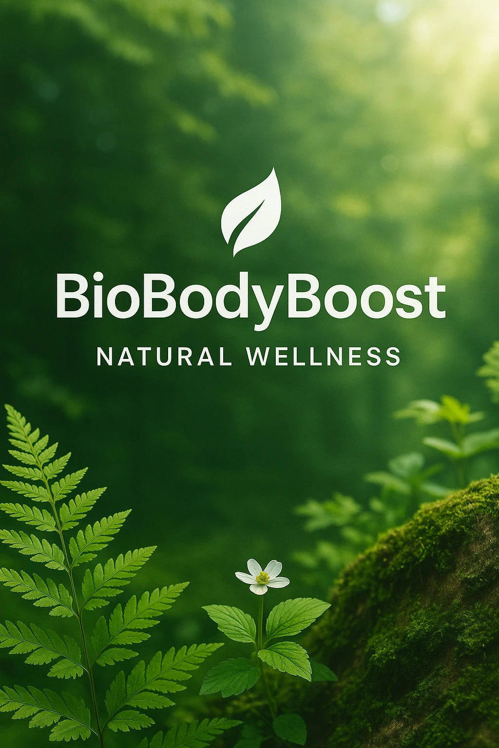 BioBodyBoost Natural Wellness logo displayed over a lush green forest background with leaves, moss, and a white flower symbolising natural health and plant-based vitality