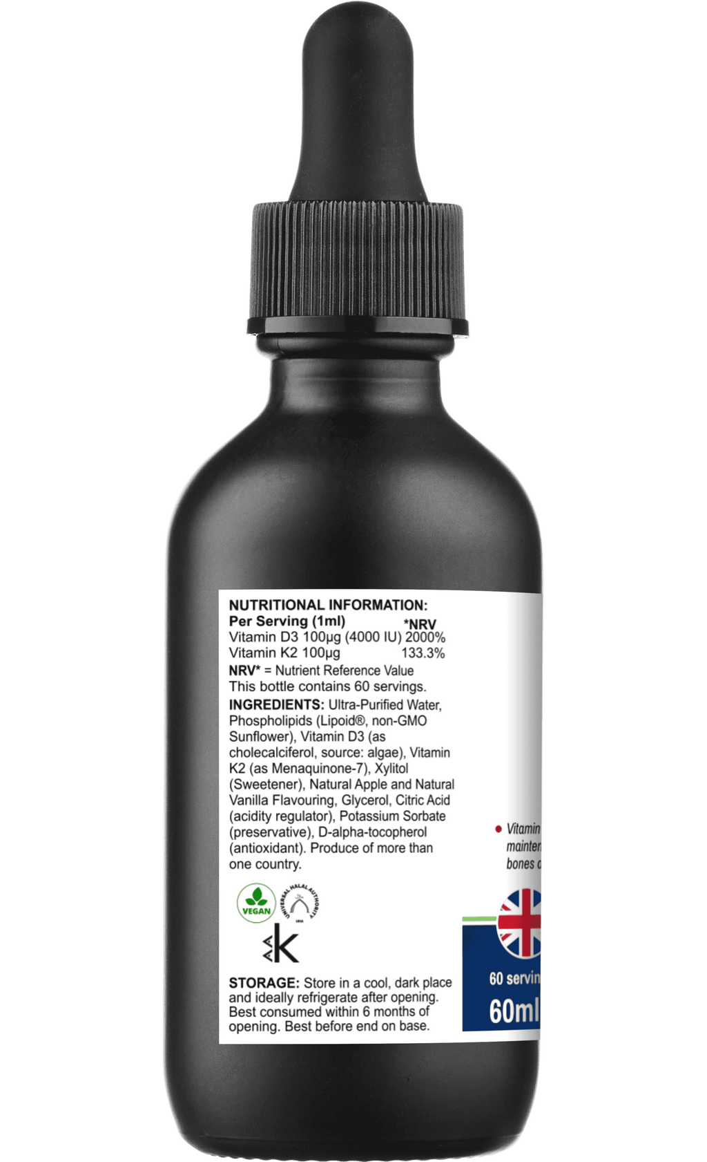 Back label of Lipovita D3 + K2 Drops showing nutritional information, ingredients, and vitamin content per serving. Vegan liposomal multivitamin supplement.