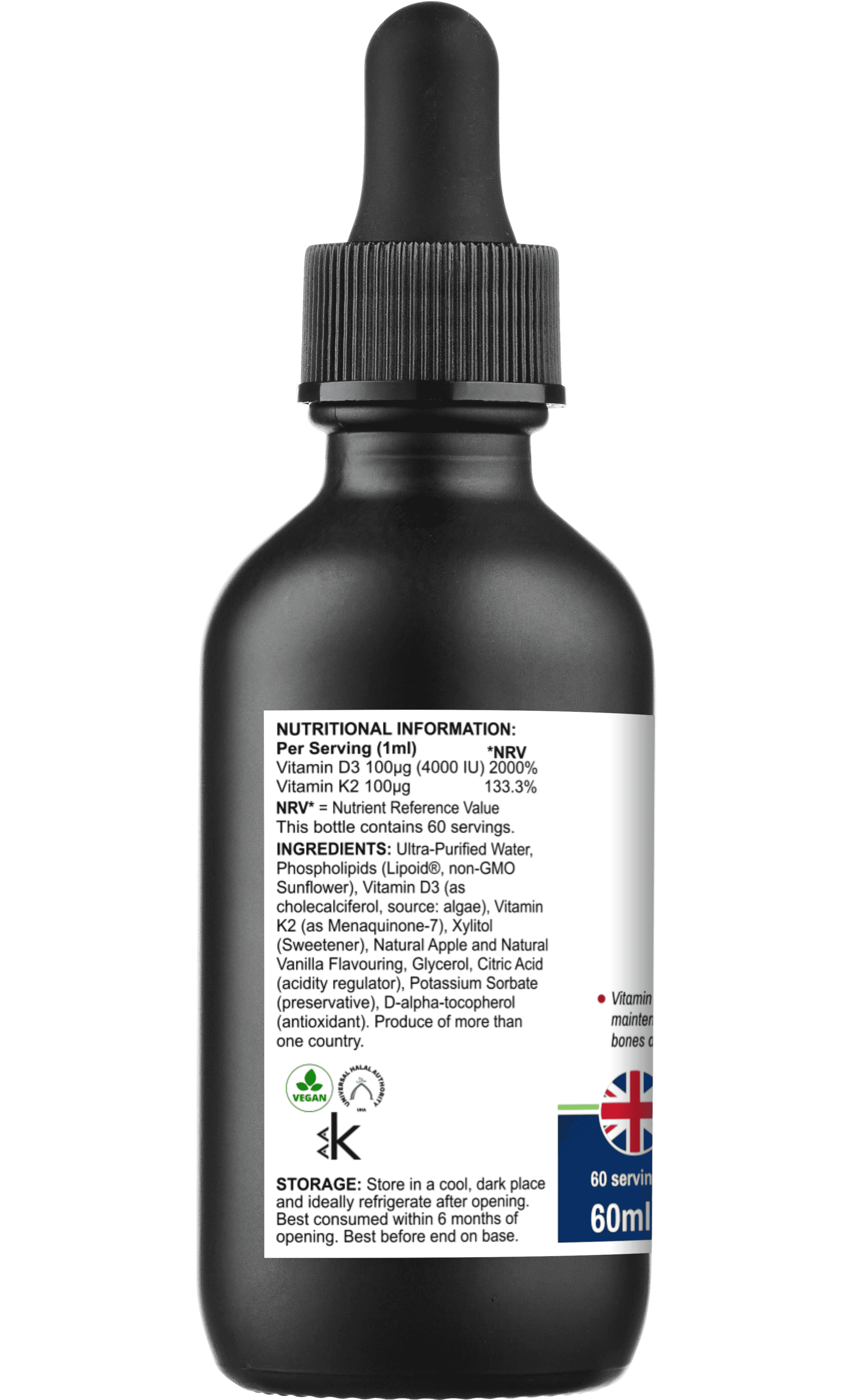 Back label of Lipovita D3 + K2 Drops showing nutritional information, ingredients, and vitamin content per serving. Vegan liposomal multivitamin supplement.