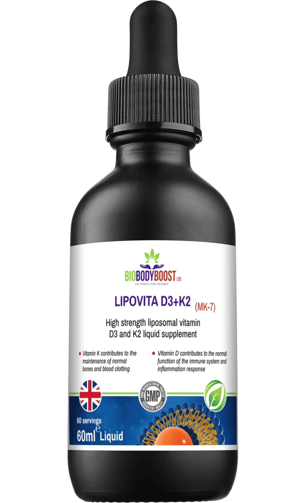 Front view of Lipovita D3 + K2 Drops bottle highlighting vegan formula, UK-made, and GMP certification. Liposomal vitamin D3 K2 for bone and immune health.