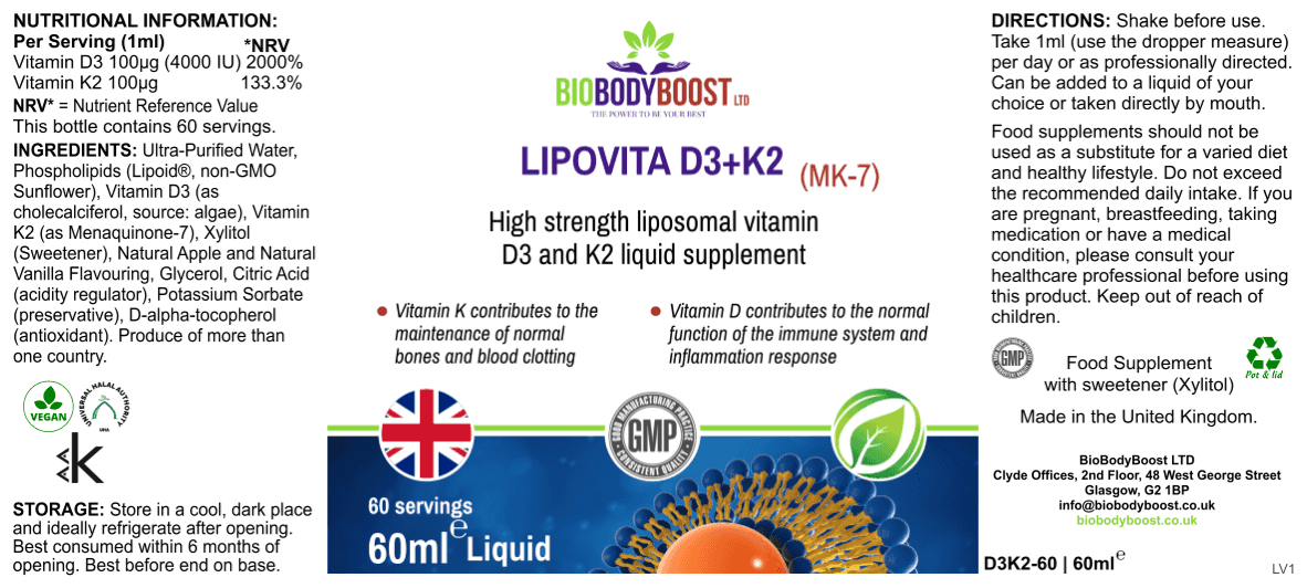 Product label layout of Lipovita D3 + K2 Drops with full supplement facts, directions, and certifications. Vegan liposomal multivitamin for immune and bone support.