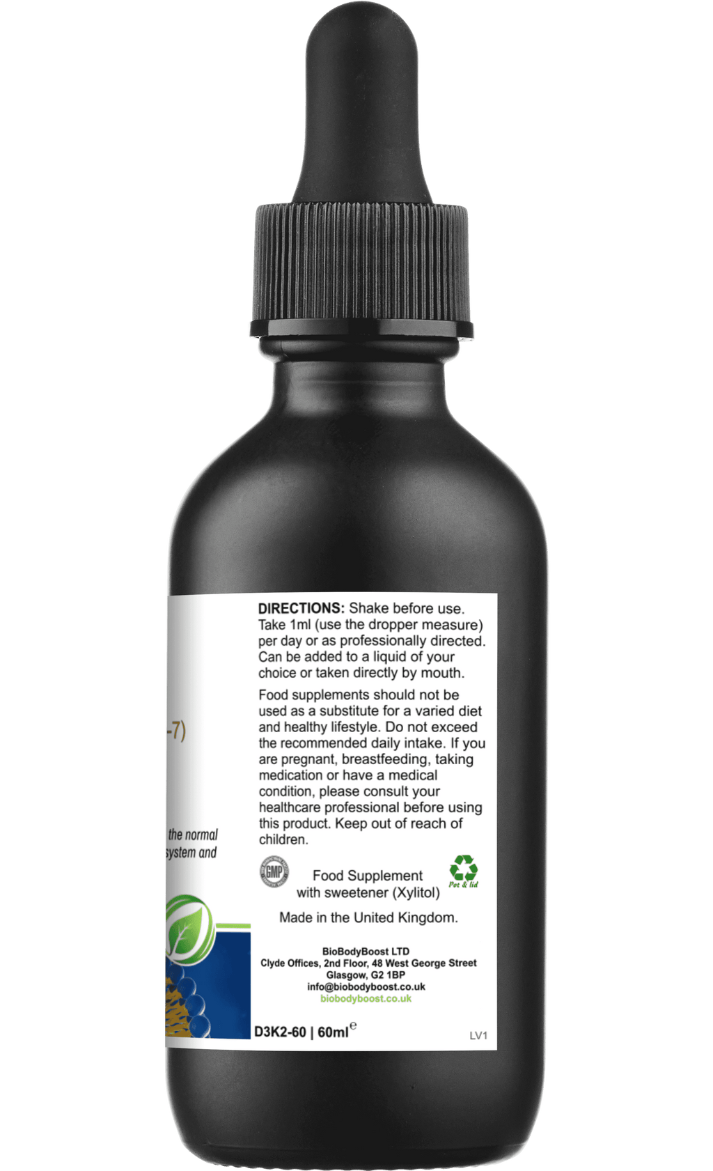 Side label of Lipovita D3 + K2 Drops with usage directions, storage instructions, and manufacturer details. Vegan liposomal vitamin D3 K2 MK7 supplement.
