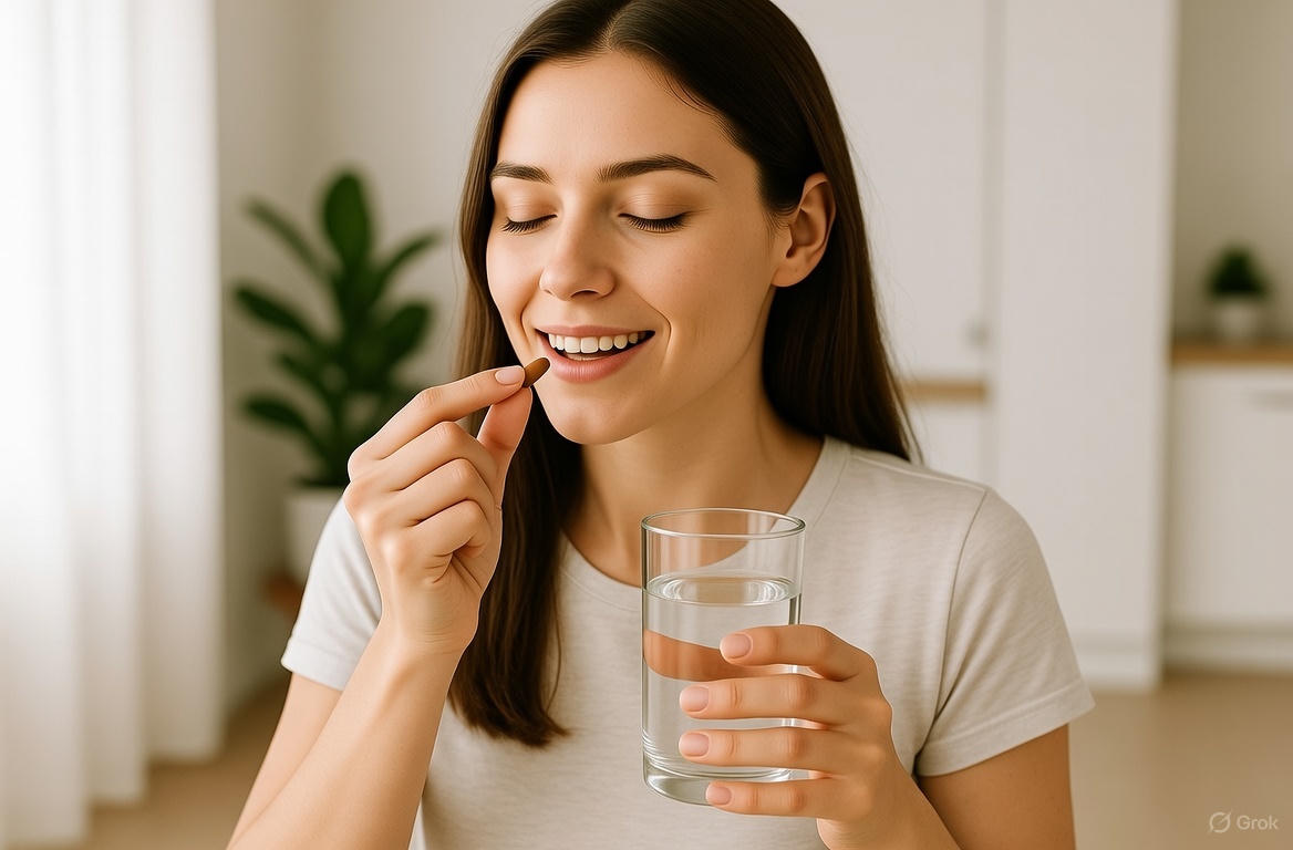 young woman taking Biobodyboost natural supplements