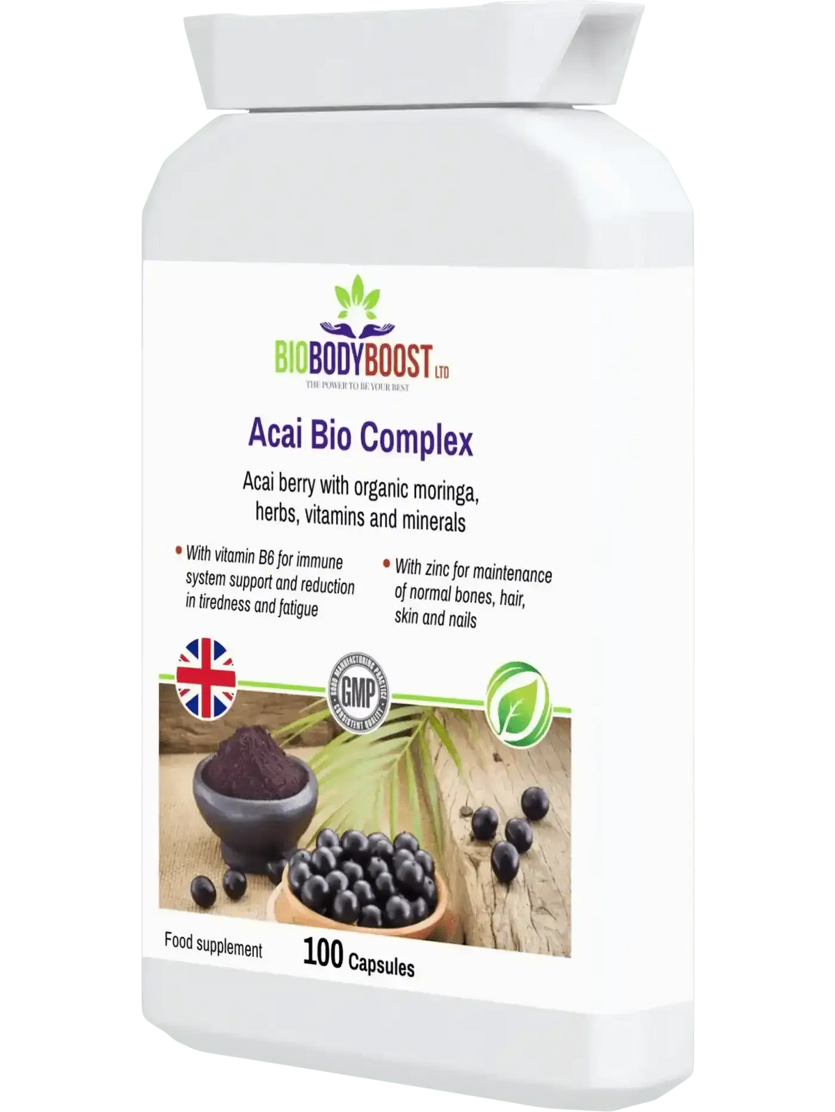 Acai Bio Complex 60 vegan capsules UK — moringa bilberry grape seed and B6 biotin formula, back label with ingredients