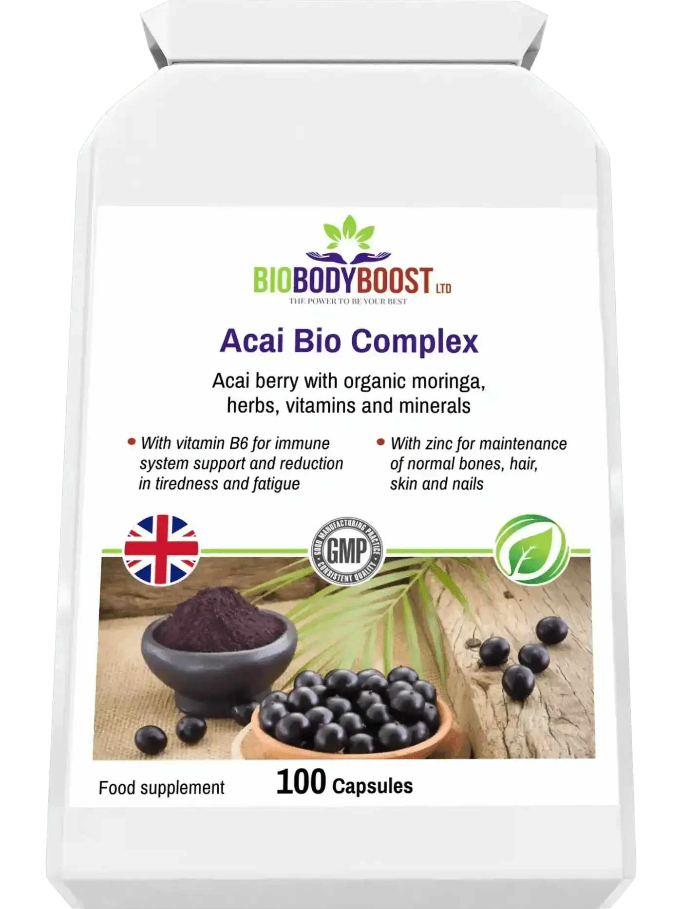 Acai Bio Complex lifestyle shot UK — BioBodyBoost superfruit antioxidant complex with pomegranate and resveratrol