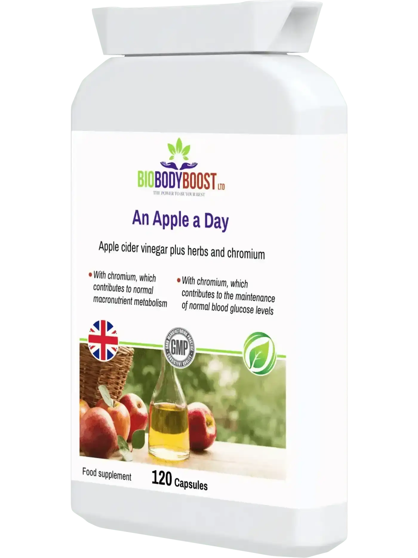 An Apple a Day herbal ACV supplement UK — ginger and turmeric digestive formula, vegan and halal approved