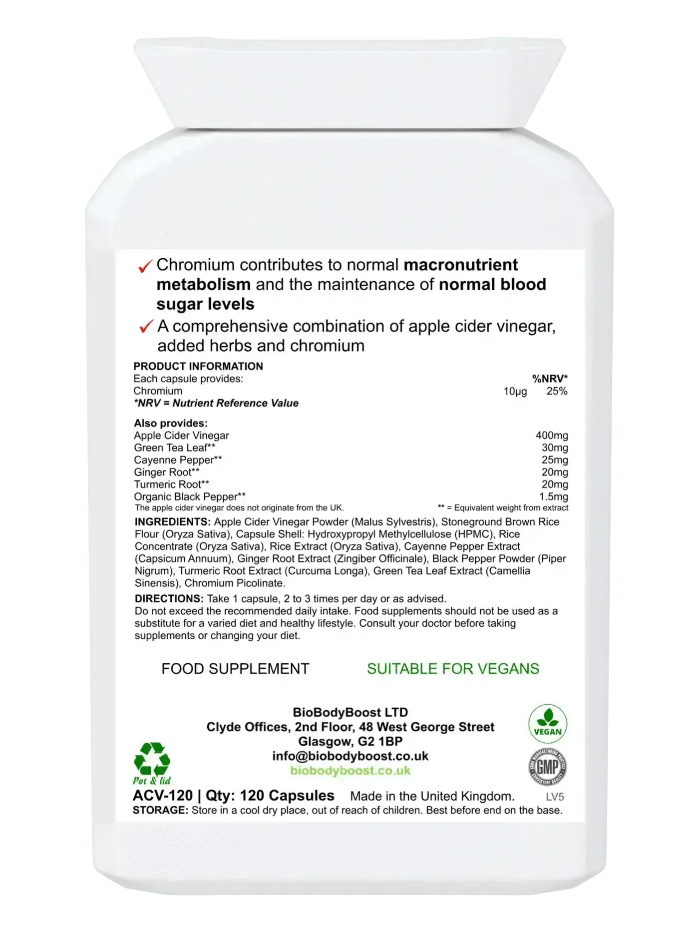 An Apple a Day 120 vegan ACV capsules UK — chromium and green tea formula, back label with ingredients