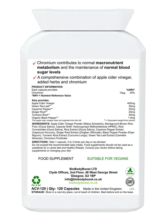 An Apple a Day 120 vegan ACV capsules UK — chromium and green tea formula, back label with ingredients