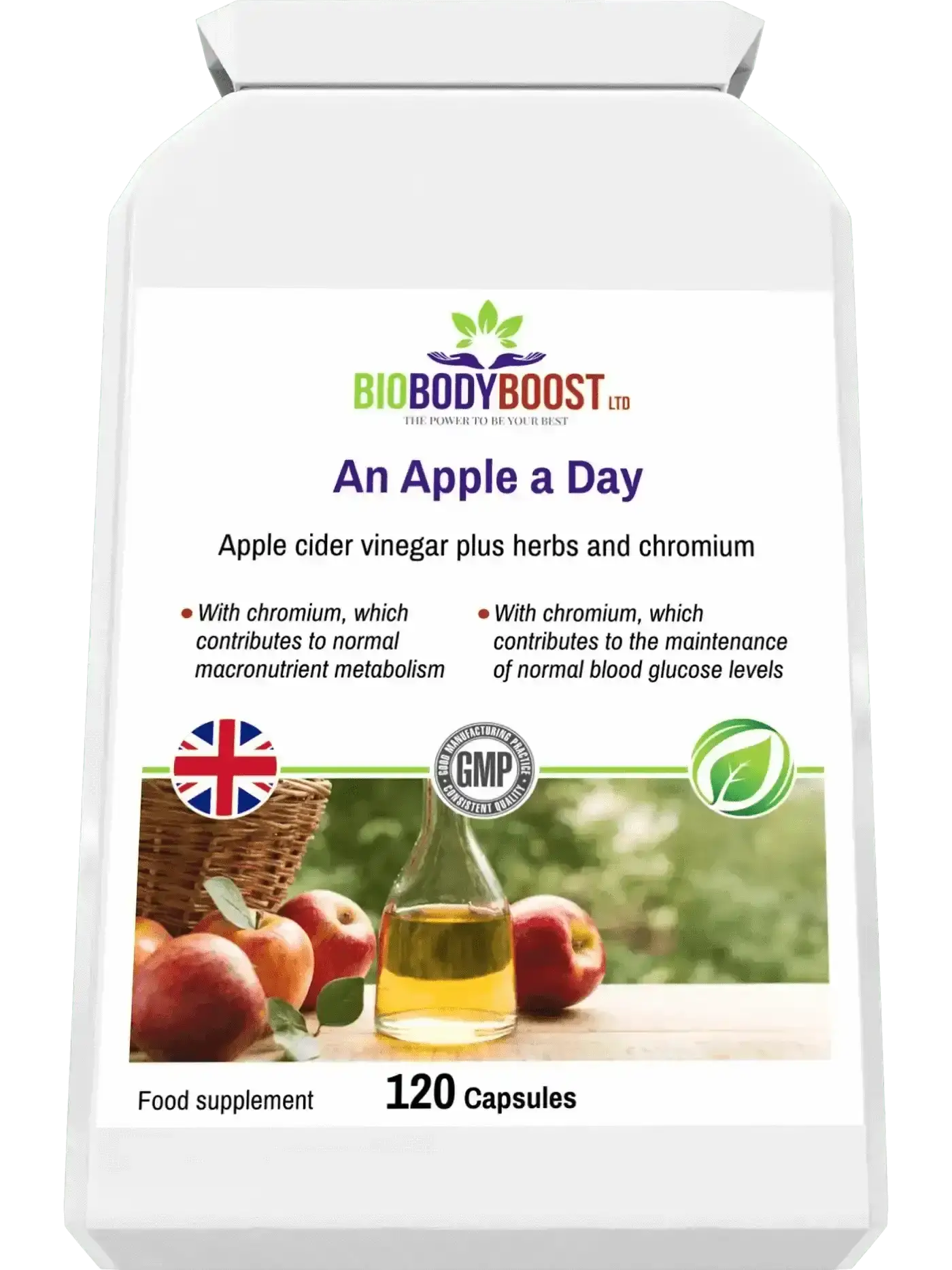 An Apple a Day apple cider vinegar plus herbs 120 capsules UK — metabolism support, halal certified by BioBodyBoost
