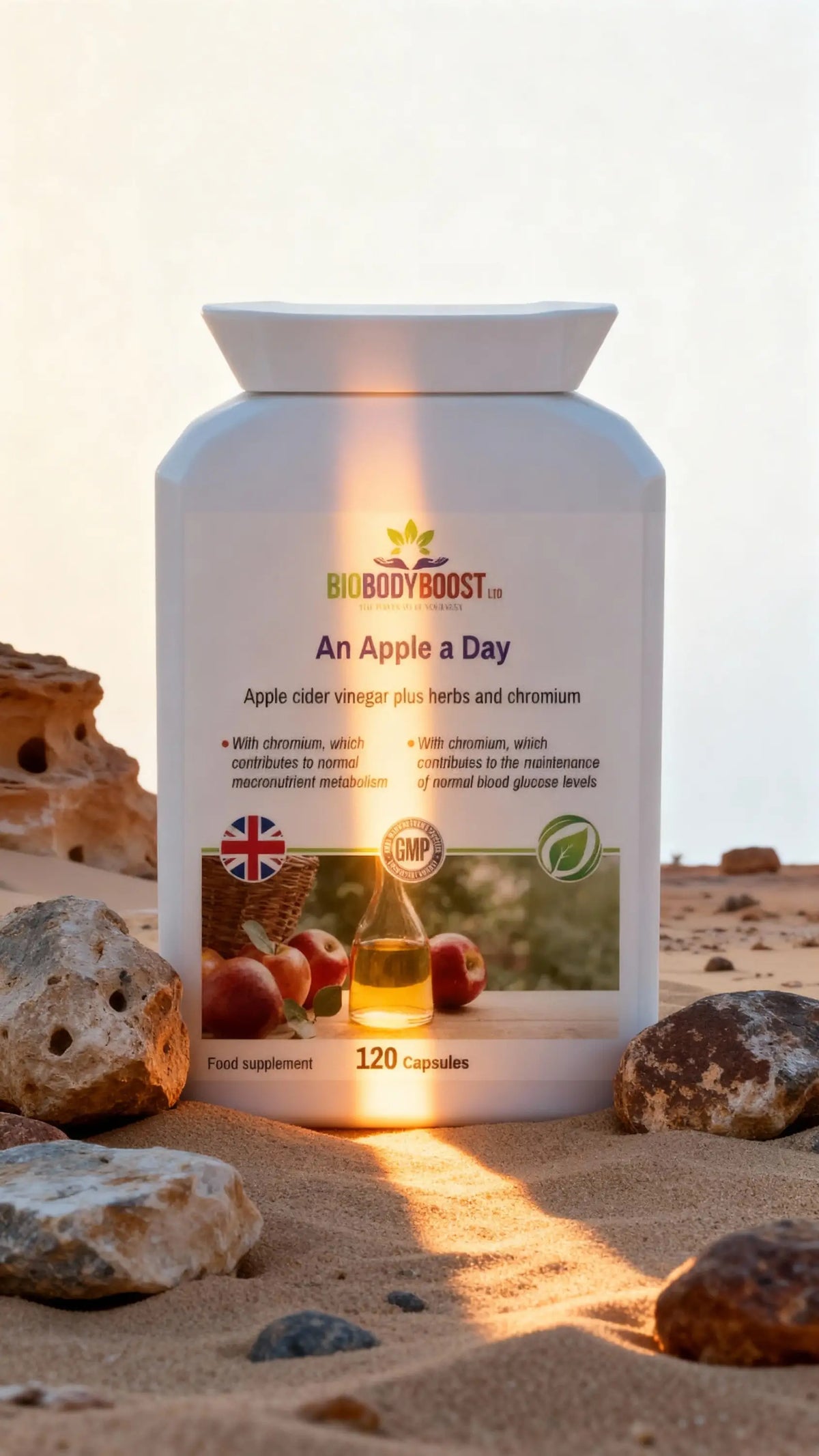An Apple a Day apple cider vinegar supplement by BioBodyBoost — herbal ACV capsules UK, lifestyle product shot