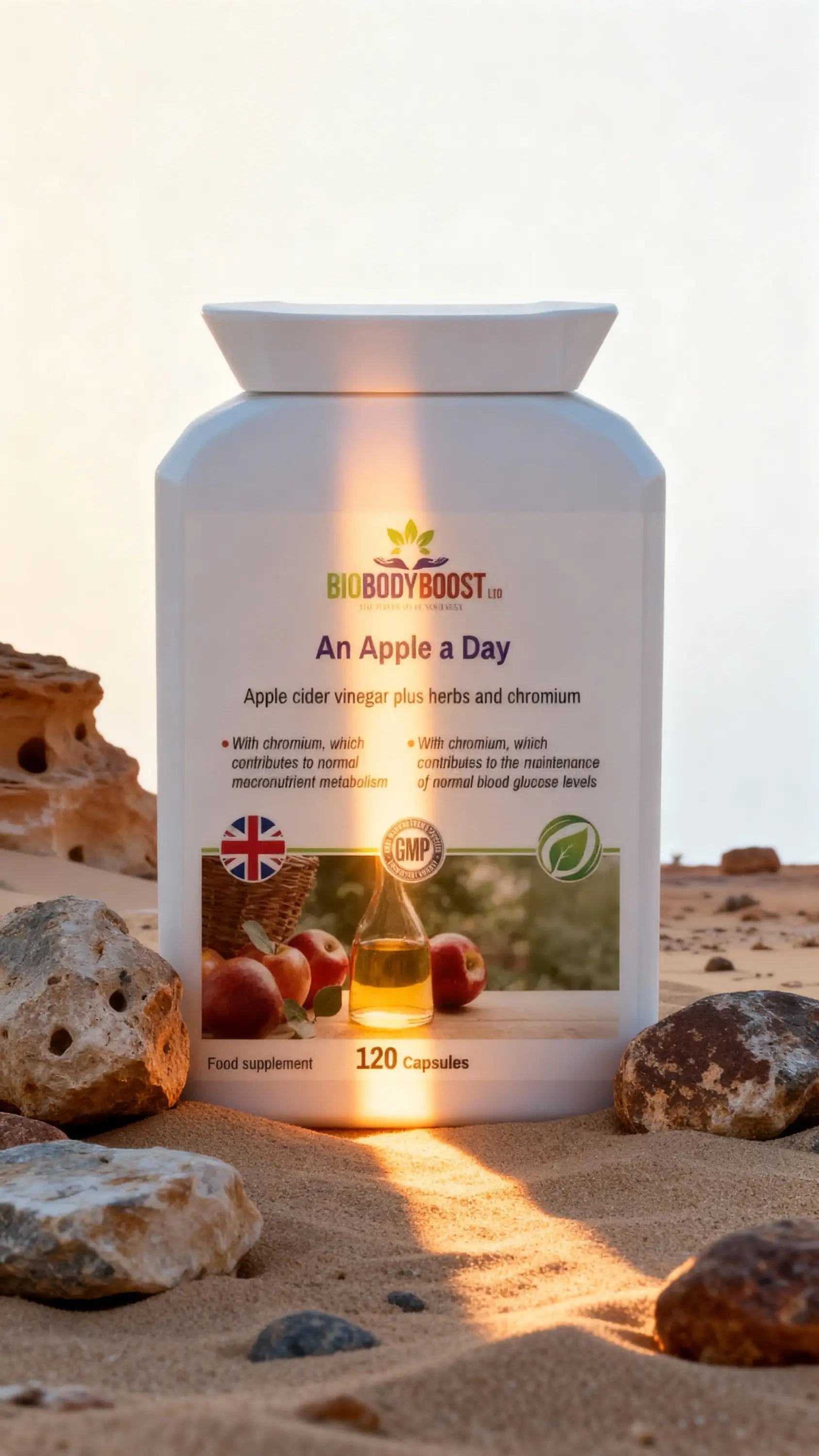An Apple a Day apple cider vinegar supplement by BioBodyBoost — herbal ACV capsules UK, lifestyle product shot