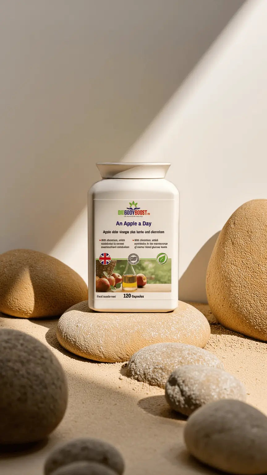 BioBodyBoost An Apple a Day apple cider vinegar capsules — no acid ACV formula on natural stone background