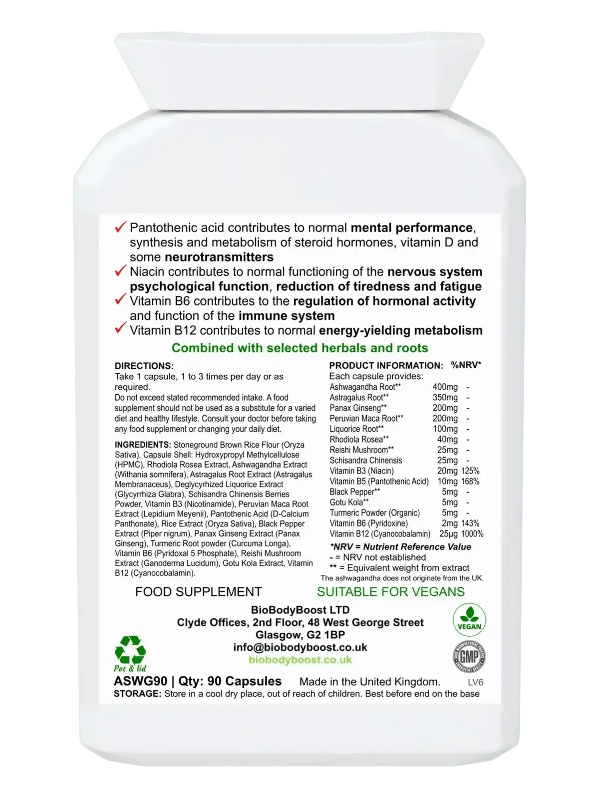 ZenBlend 90 vegan adaptogen capsules UK — ashwagandha rhodiola complex with B vitamins, back label