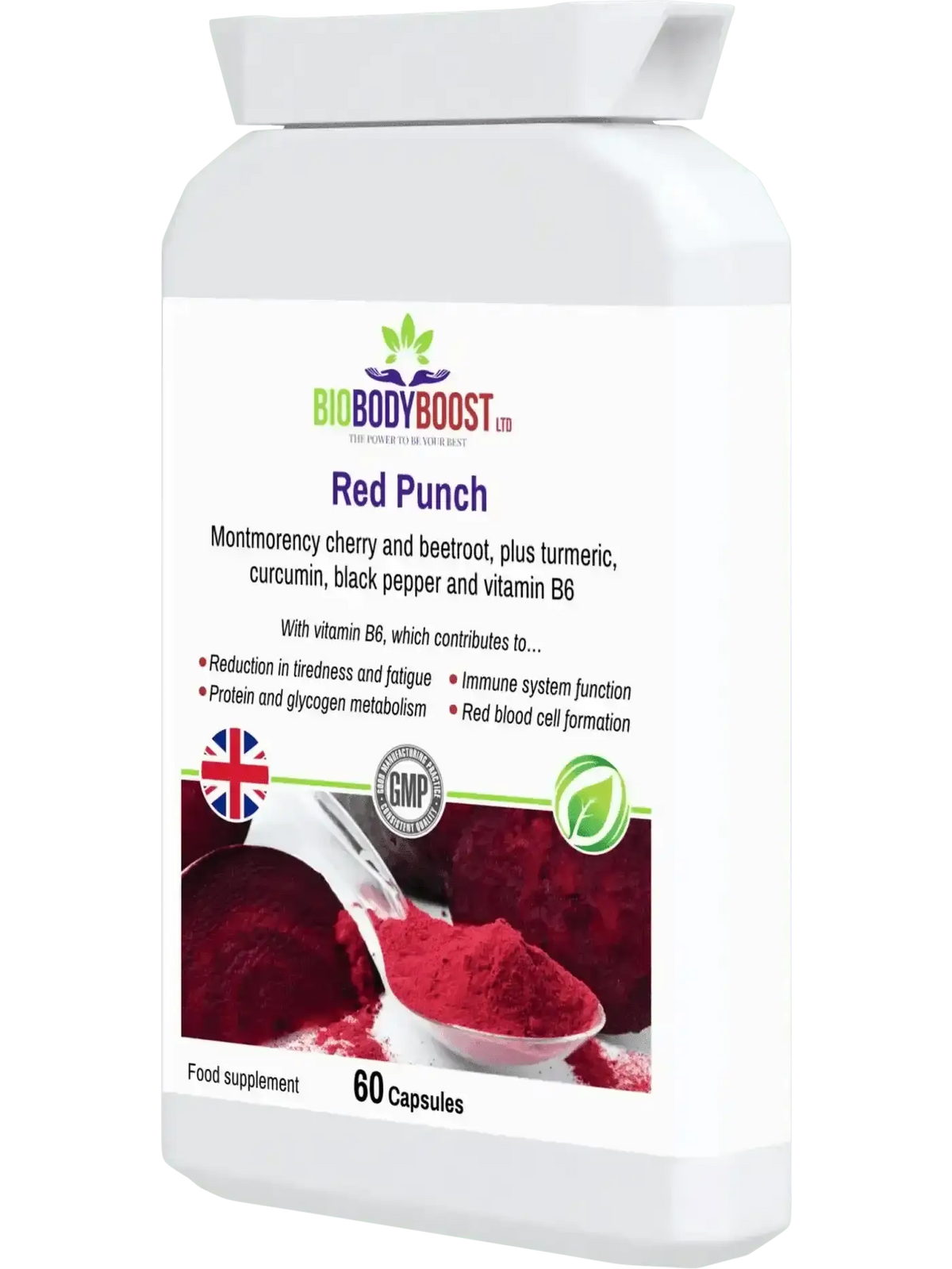 Red Punch 60 vegan capsules UK — beetroot extract and Montmorency cherry with vitamin B6 and turmeric, back label