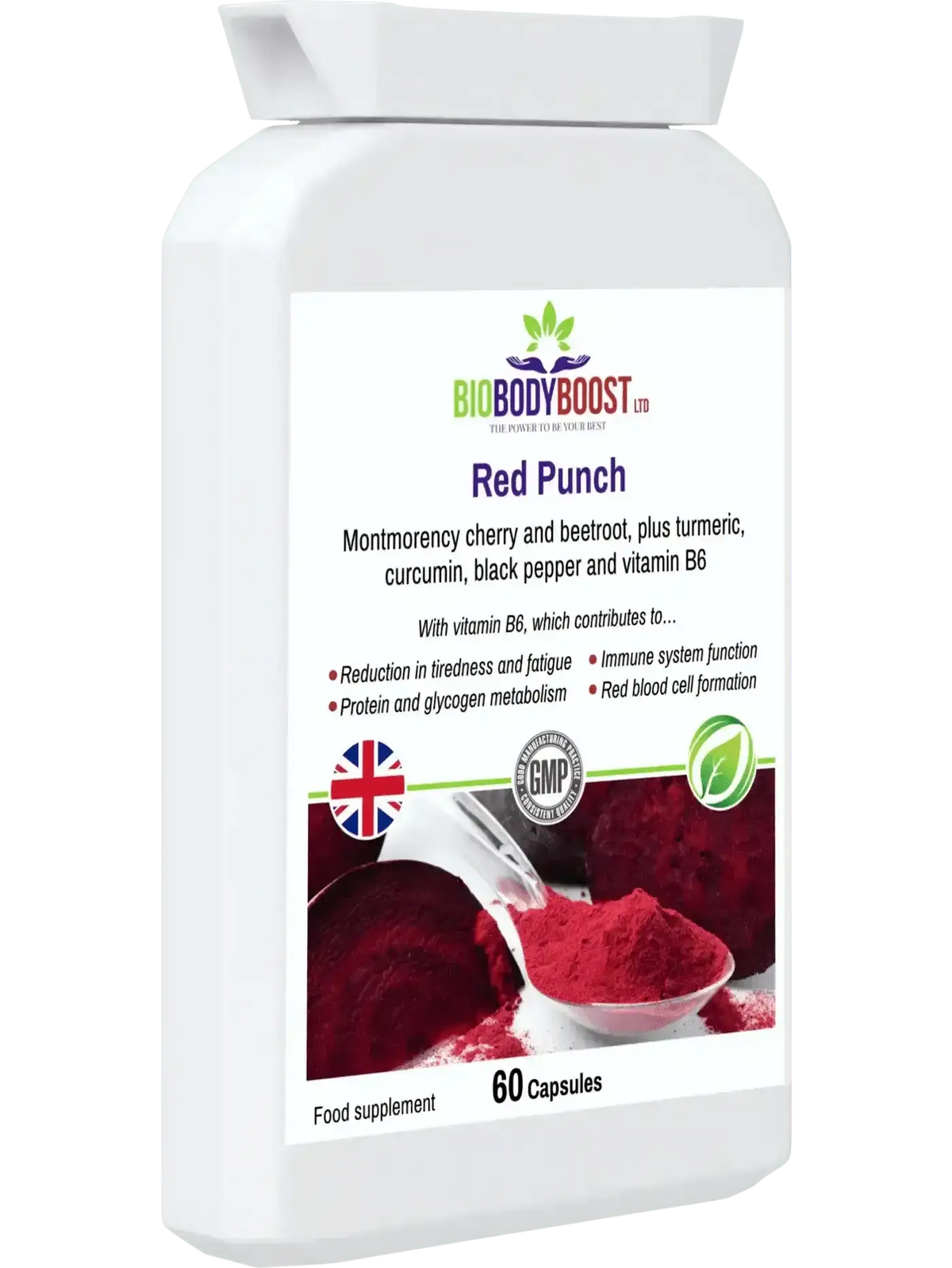 Red Punch beetroot supplement UK — B6 energy metabolism and recovery support, natural nitrate formula, side view