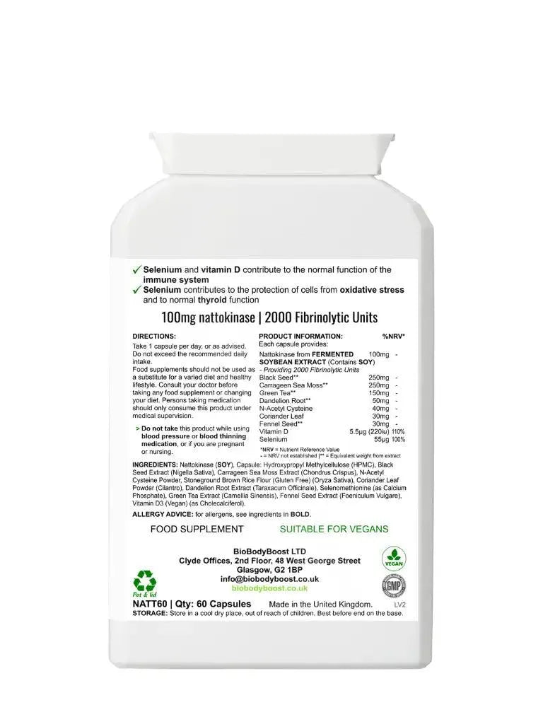 BioBodyBoost D-Mannose 2000 Fibrinolytic Units in a bottle of 60 vegan capsules