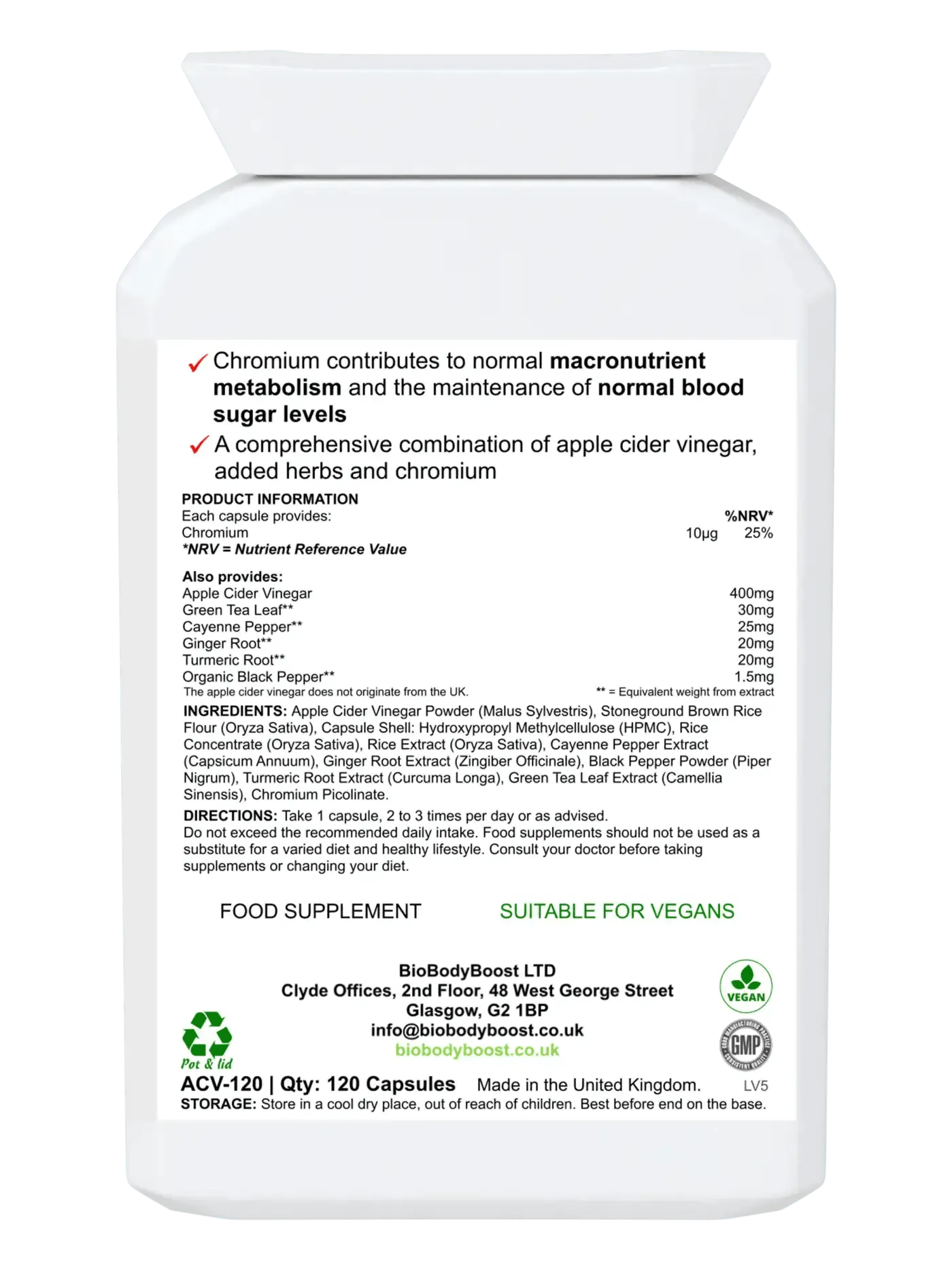 BioBodyBoost apple cider vinegar capsules in a 120-capsule bottle for blood sugar support