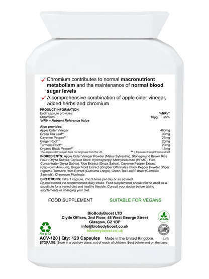 BioBodyBoost apple cider vinegar capsules in a 120-capsule bottle for blood sugar support
