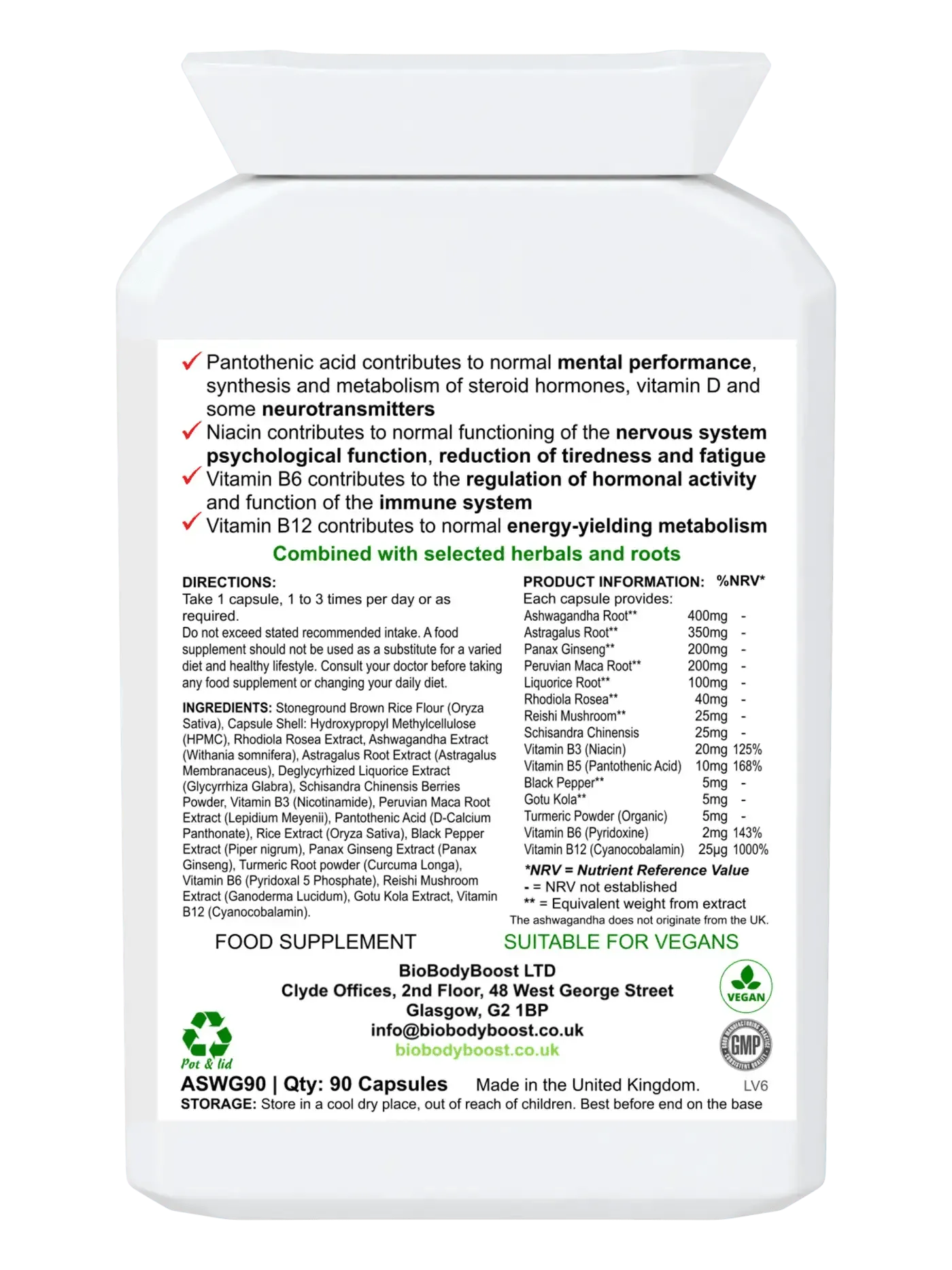 BioBodyBoost Ashwagandha complex supplement for improved mental performance and energy metabolism