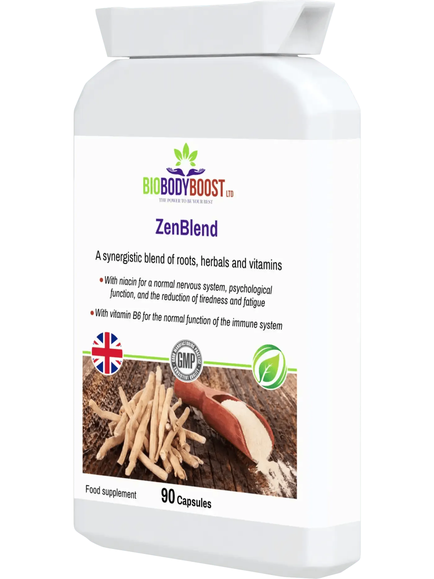 BioBodyBoost ZenBlend Ashwagandha complex supplement in a white bottle with 90 capsules for energy and immunity