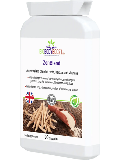 BioBodyBoost ZenBlend Ashwagandha complex supplement in a white bottle with 90 capsules for energy and immunity