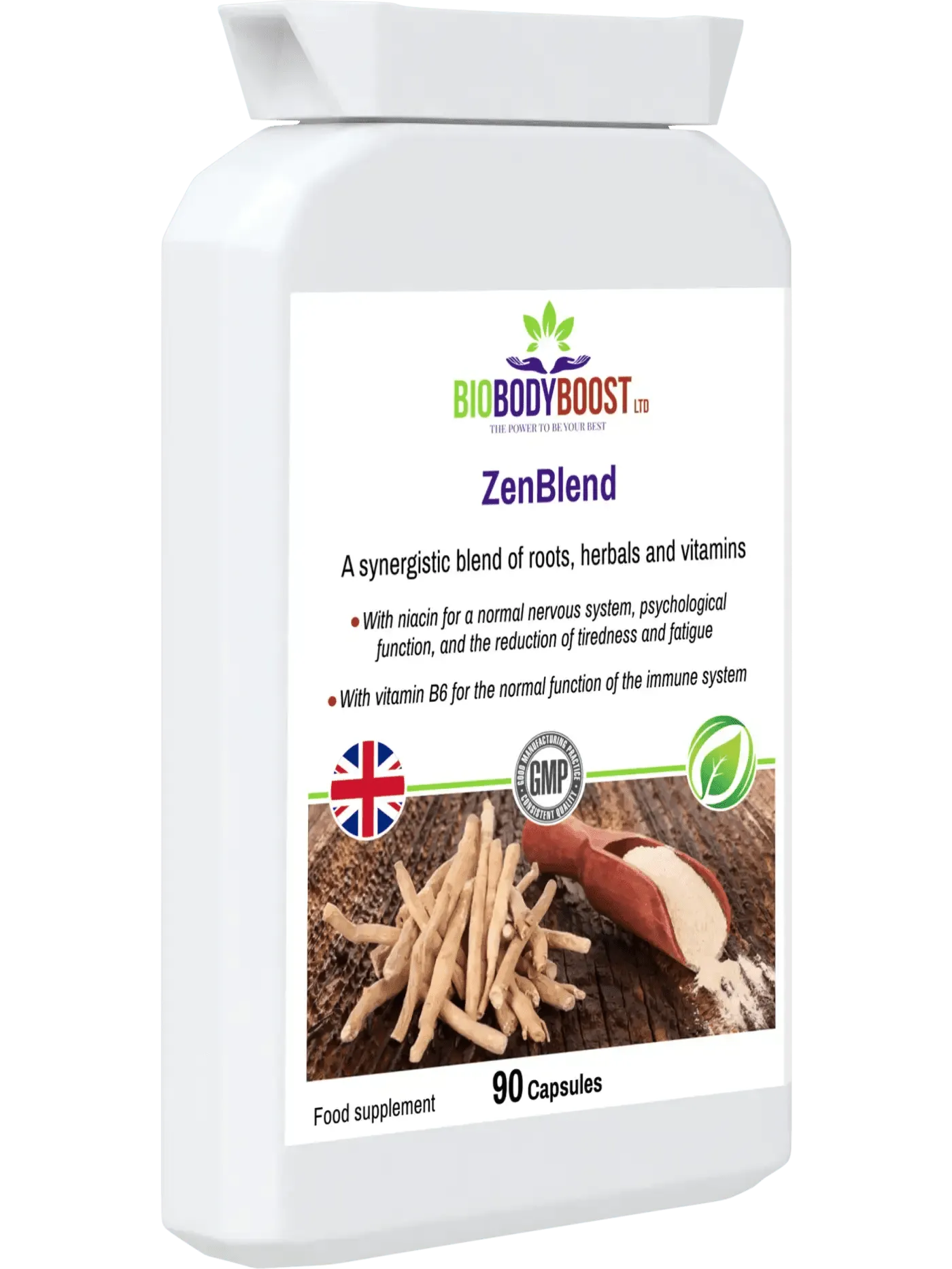 BioBodyBoost ZenBlend Ashwagandha complex supplement in a bottle with 90 capsules for wellness support
